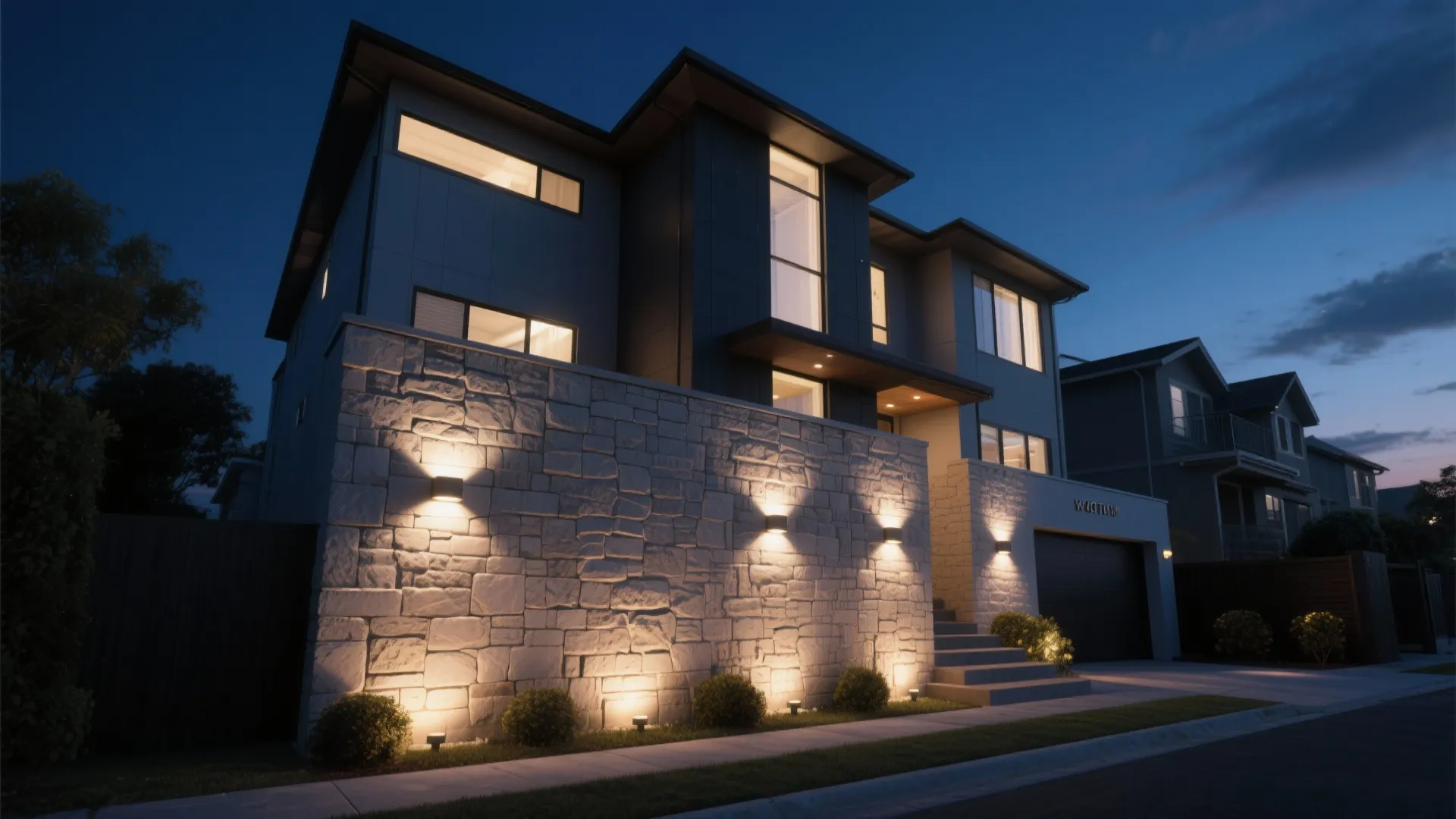 Modern two story house with stone wall panel and glowing wall lights in the evening