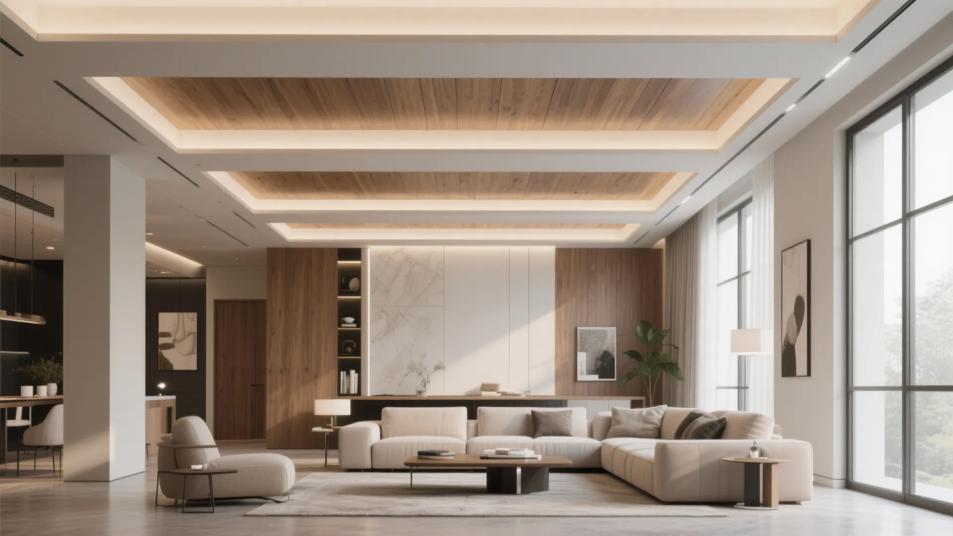 Modern living room with layered false ceiling and recessed lights