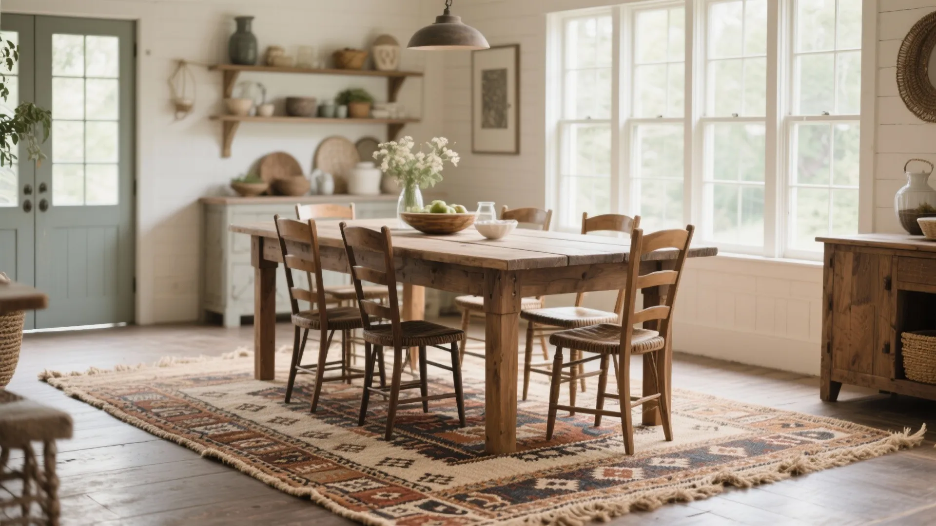 Farmhouse dining room featuring a wooden table with chairs over a patterned rug and windows