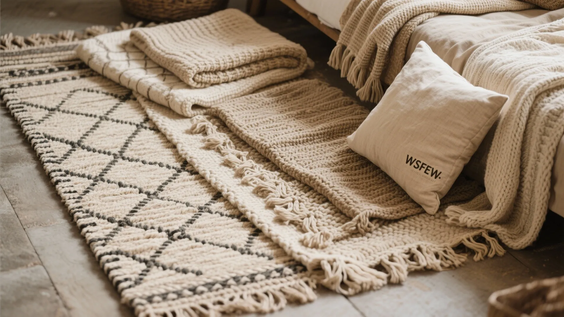 Close up of layered woven rugs and beige blankets on floor next to a white pillow