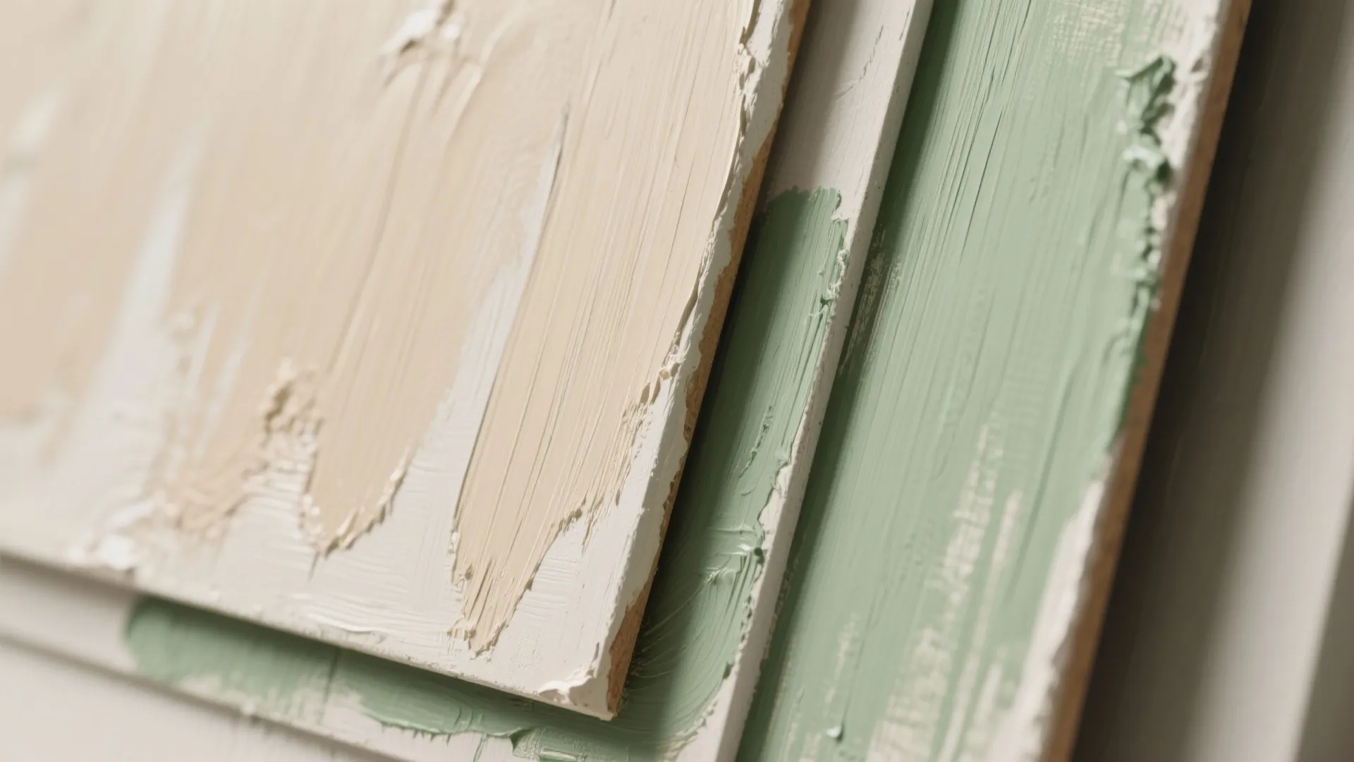 Close up of thick beige and green paint texture on wooden wall panels for home decoration