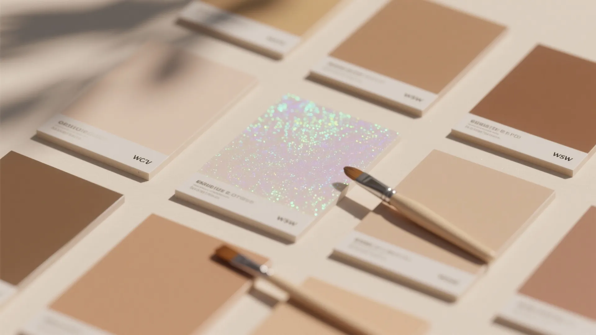 Top-down samples showing warm neutral base coat and thin iridescent glaze.