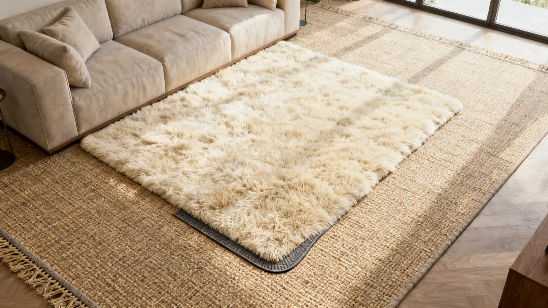 3. Layer a Plush Scatter Rug over a Flatweave