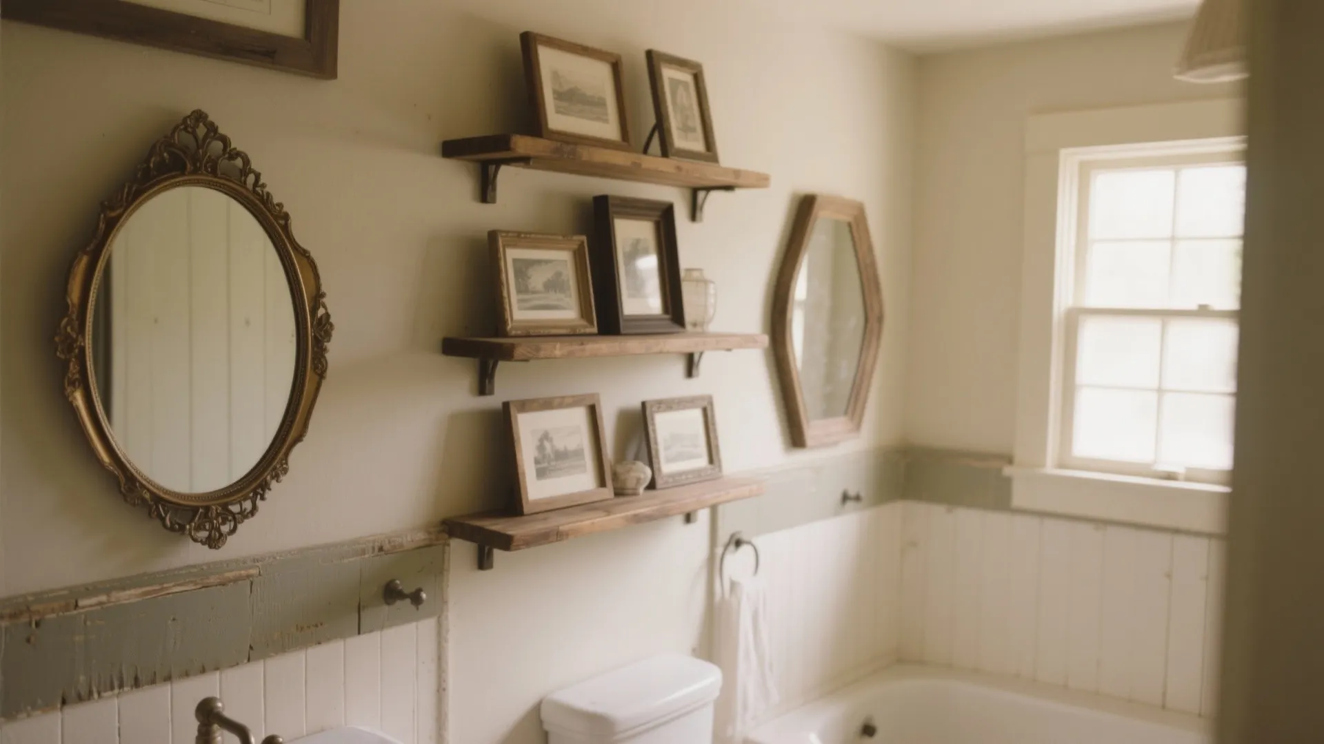 Rustic bathroom wall with wooden shelves holding frames next to a large gold ornate mirror