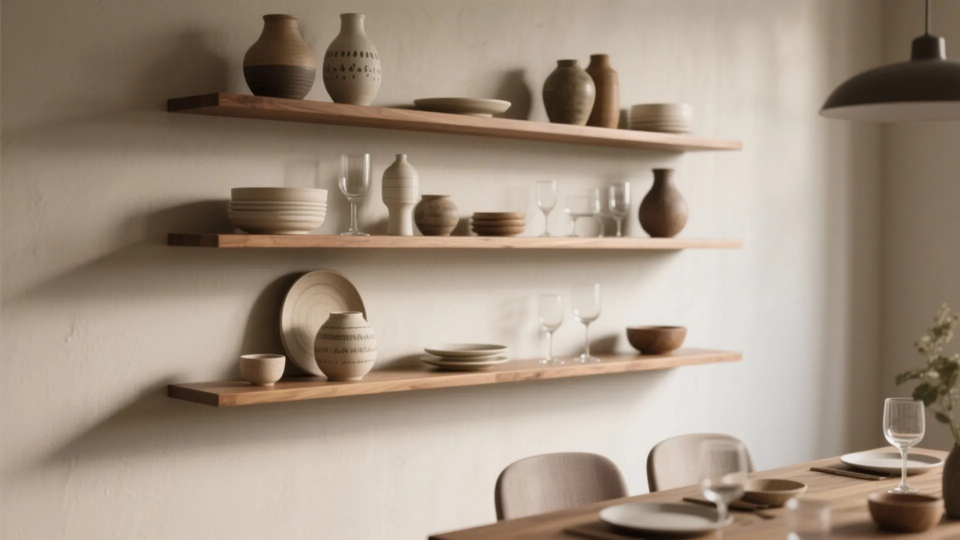 Three long wooden floating shelves displaying neutral pottery and wine glasses in a minimalist area
