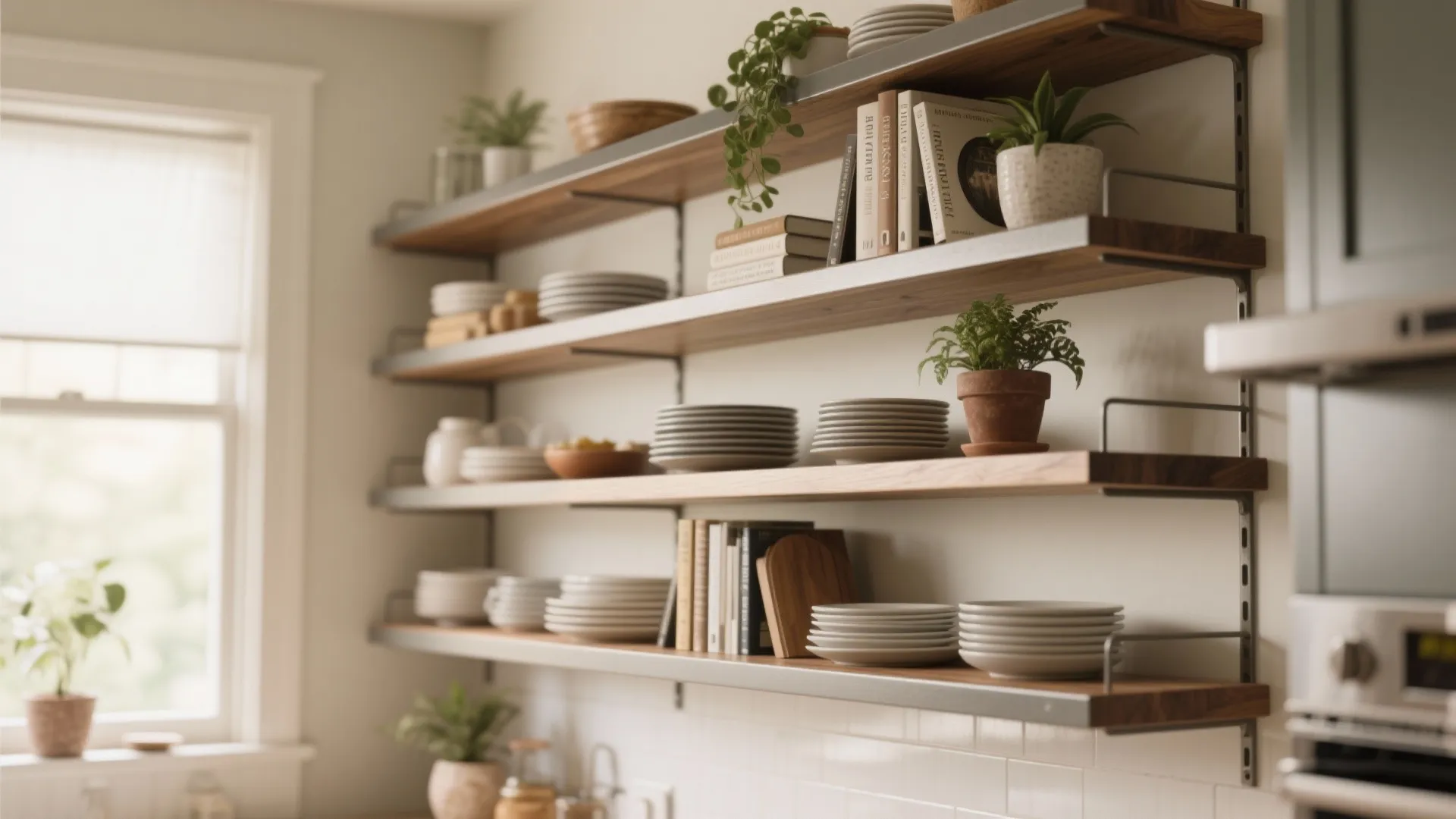 Four long wooden wall shelves organized with white ceramic plates books and small green potted plants