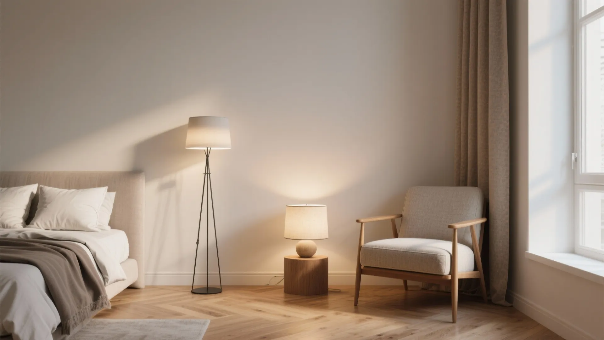 Minimalist bedroom corner featuring floor light fixture small table light wood floor and beige armchair