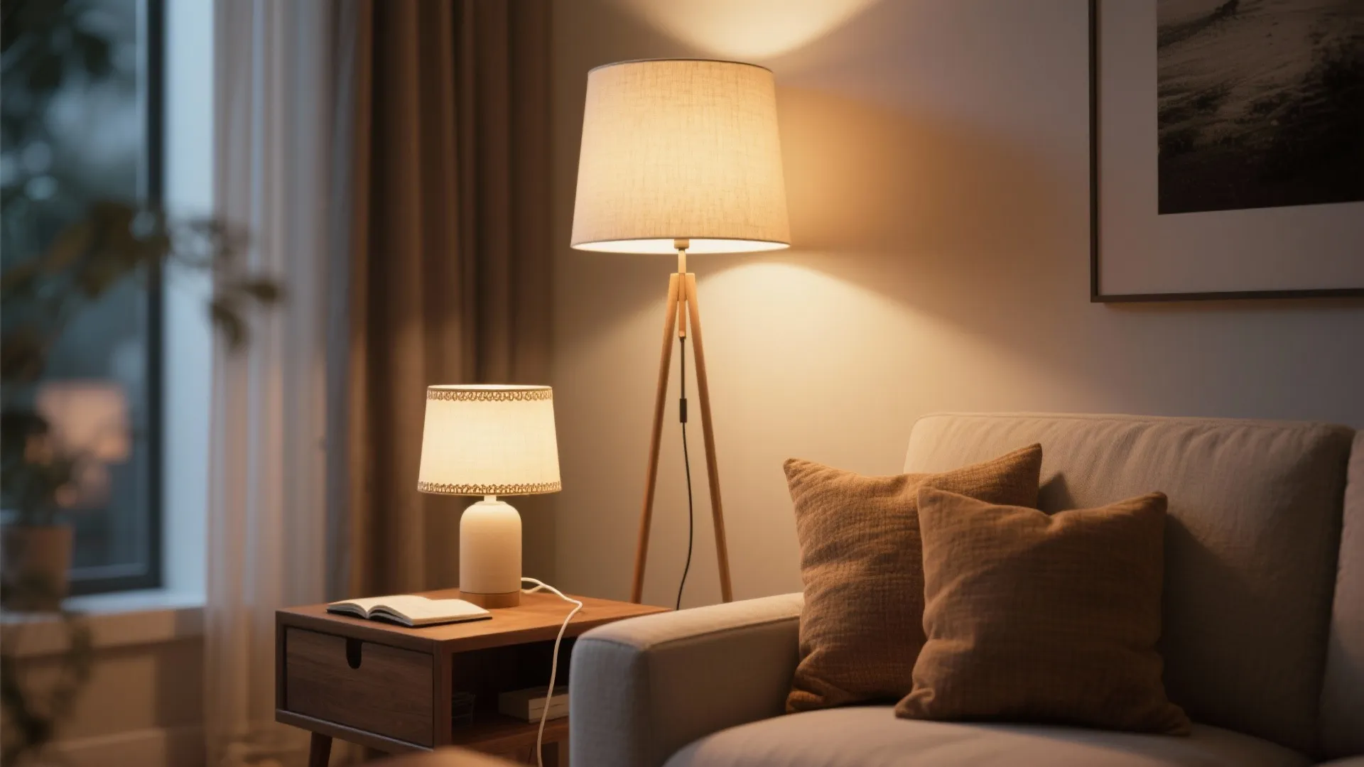 Warm living room corner with a floor lamp and table light beside a beige sofa
