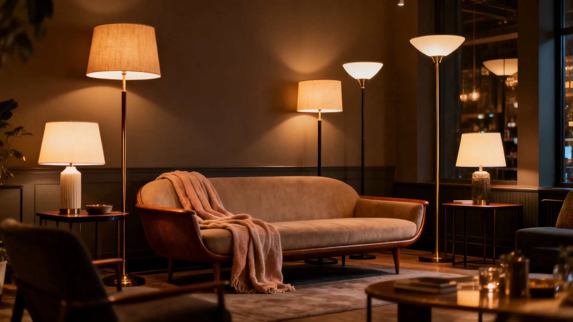 Sofa corner illuminated by three floor lamps and table lamps creating layered mood lighting