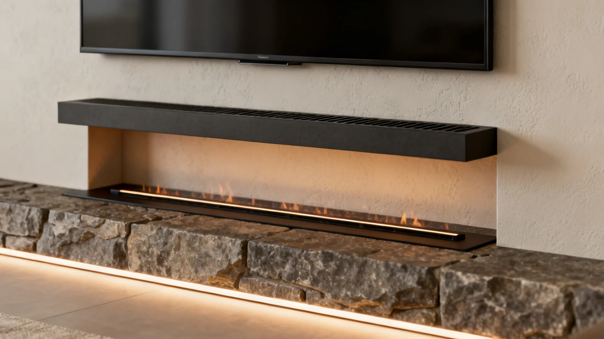 Recessed linear fireplace beneath a wall-mounted TV with a slim ventilated shelf and LED lighting.