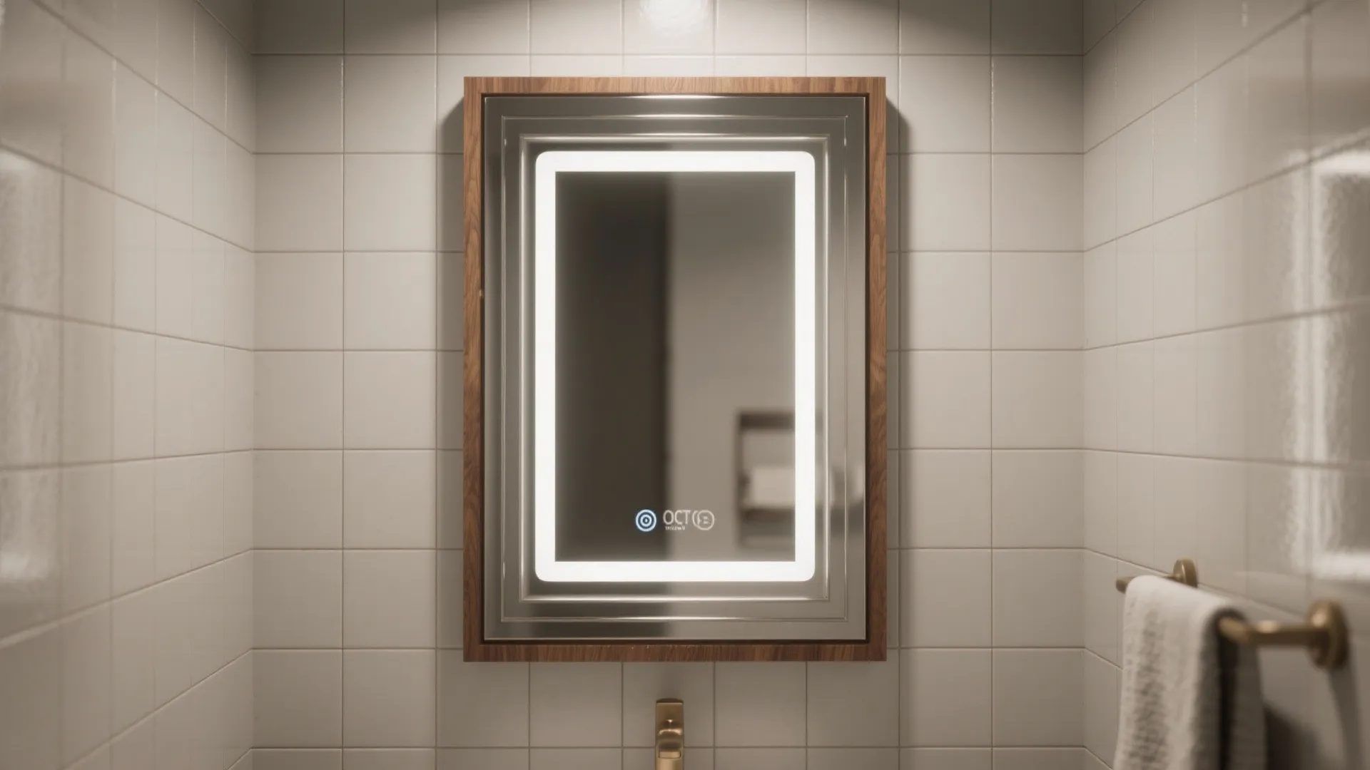 A rectangular mirror with built in light and wooden frame on a white tiled wall