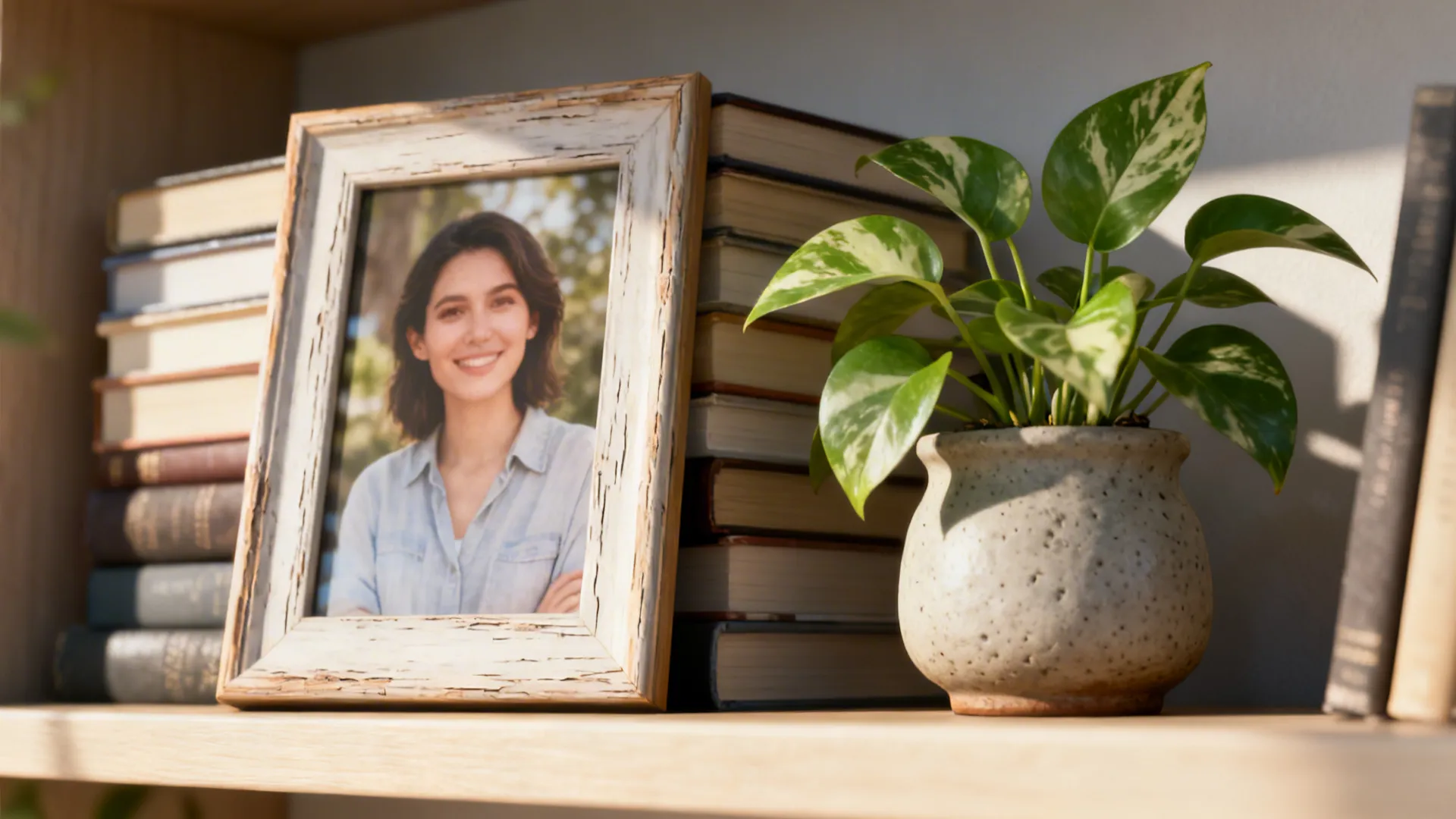 Close-up of a framed photo layered with books and a small pothos plant on a shelf.