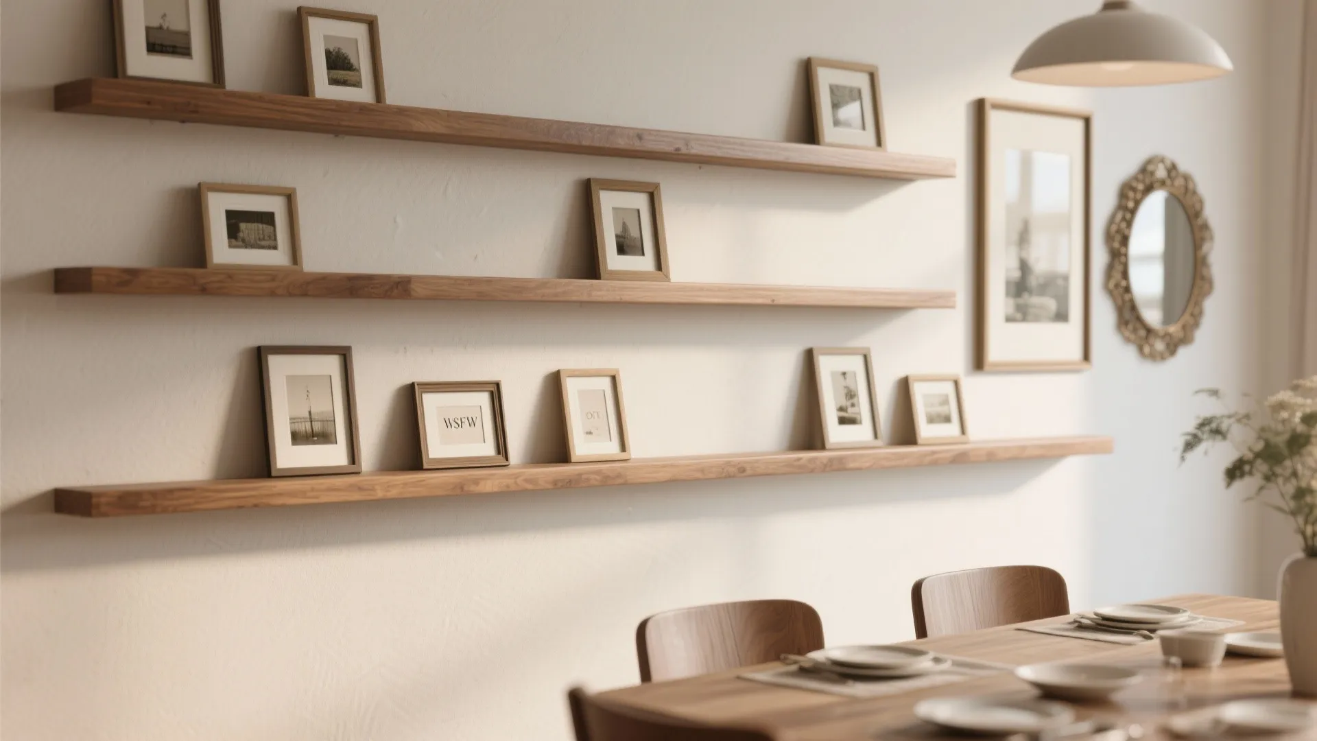 Three wooden wall shelves holding small picture frames next to a dining table and light