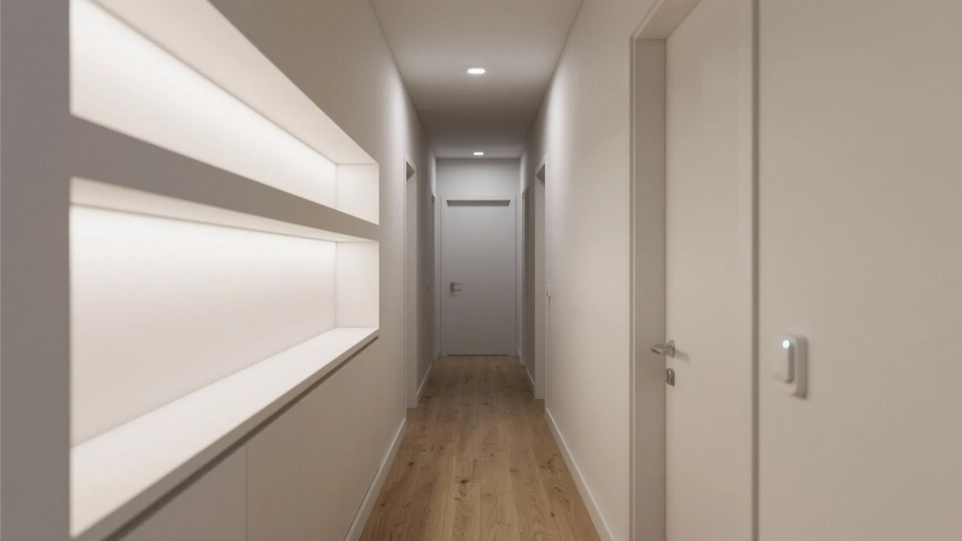 Layered ceiling frames to visually widen a narrow hall