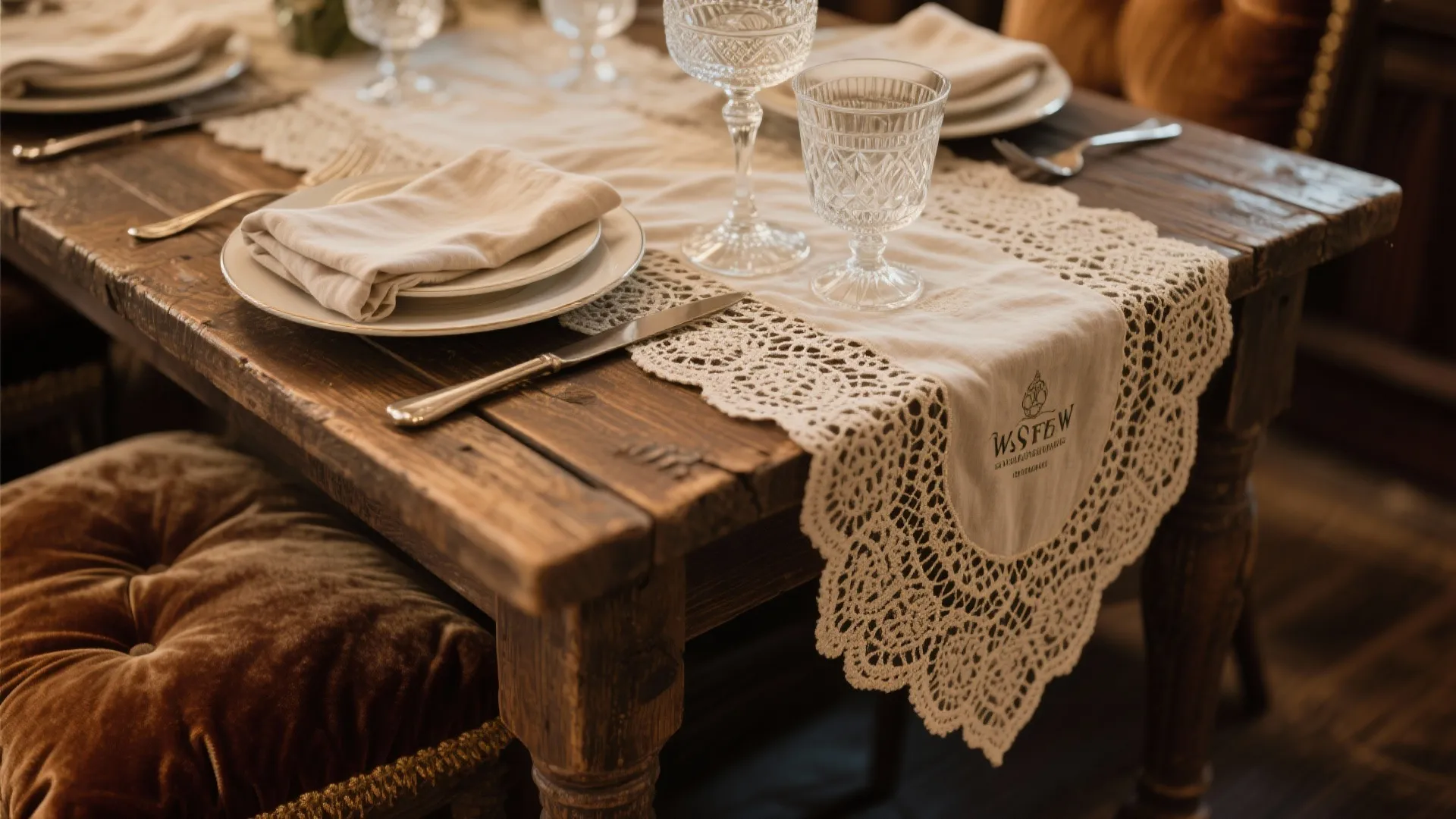 Macro detail of French table decor with lace, velvet, and crystal elements