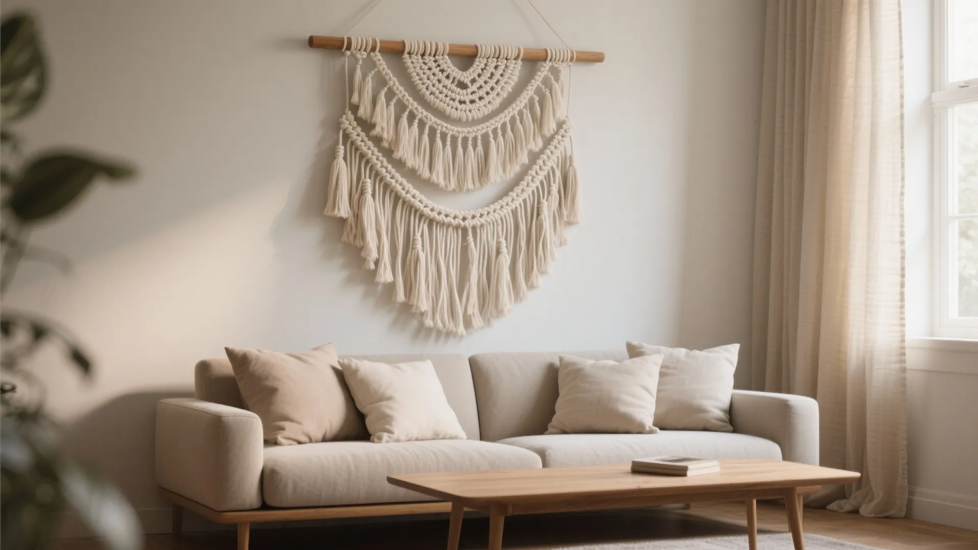 Large macrame wall hanging above a cream sofa with pillows and a wooden coffee table