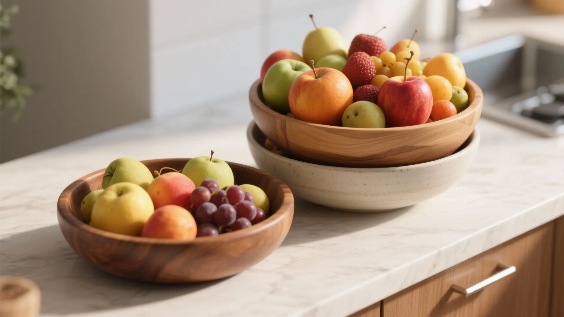 Two wooden bowls filled with fresh apples grapes and berries on a white marble countertop