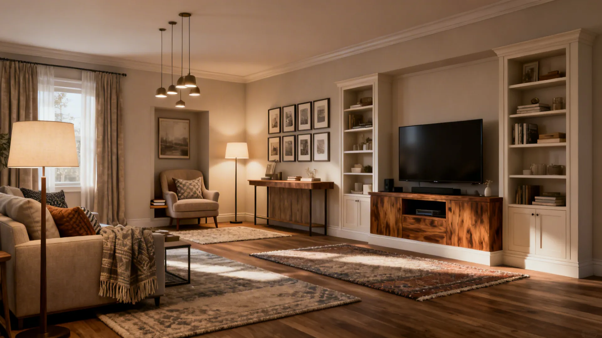 Large wall serving as backdrop for layered zones with rugs, lighting and coordinated art.