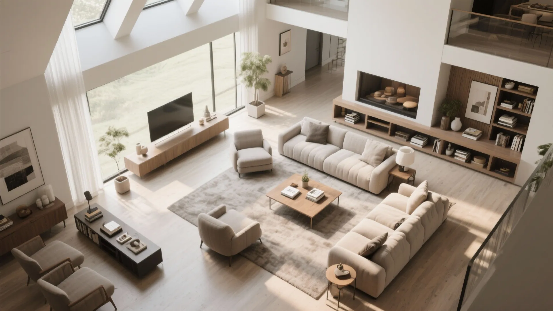 Top view of a neutral living room layout with roof windows wood floor and beige furniture