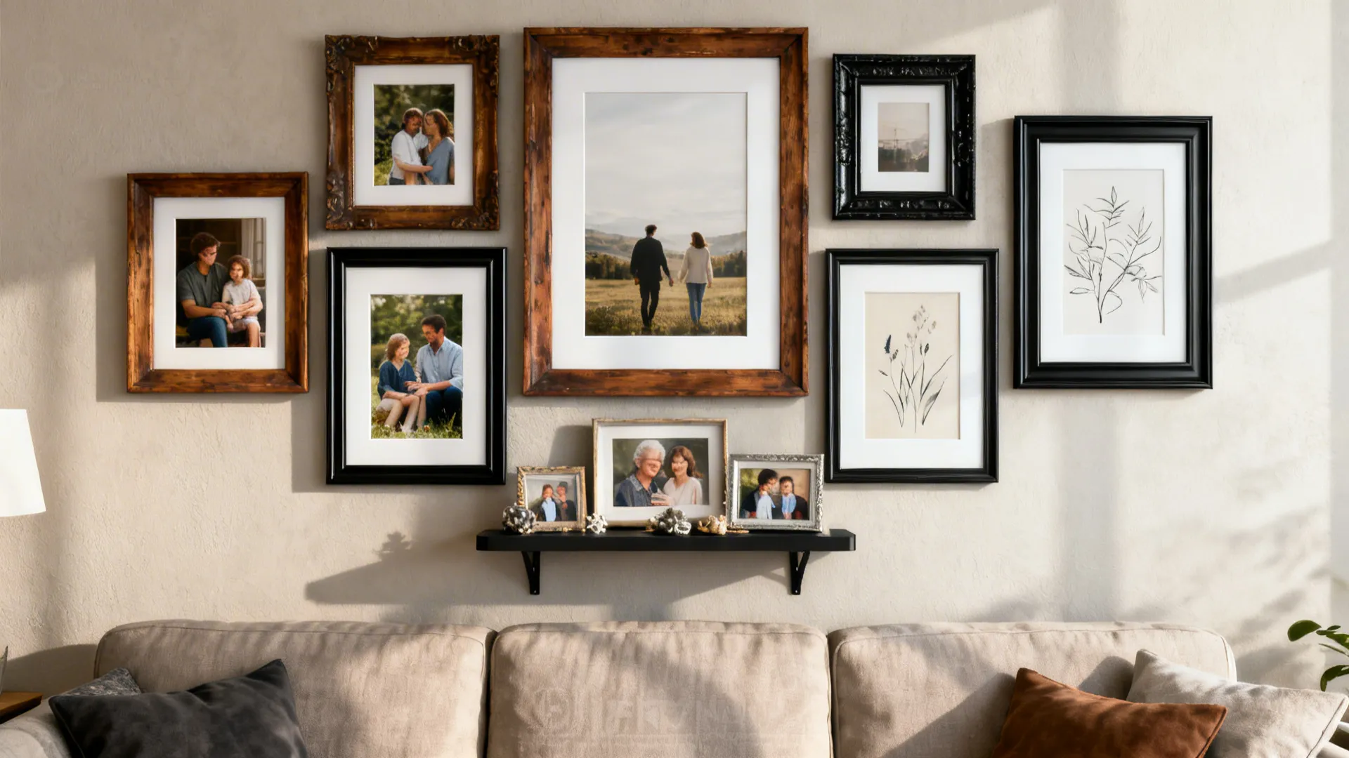 Gallery wall featuring various wood and black frames with family photos above a modern beige sofa