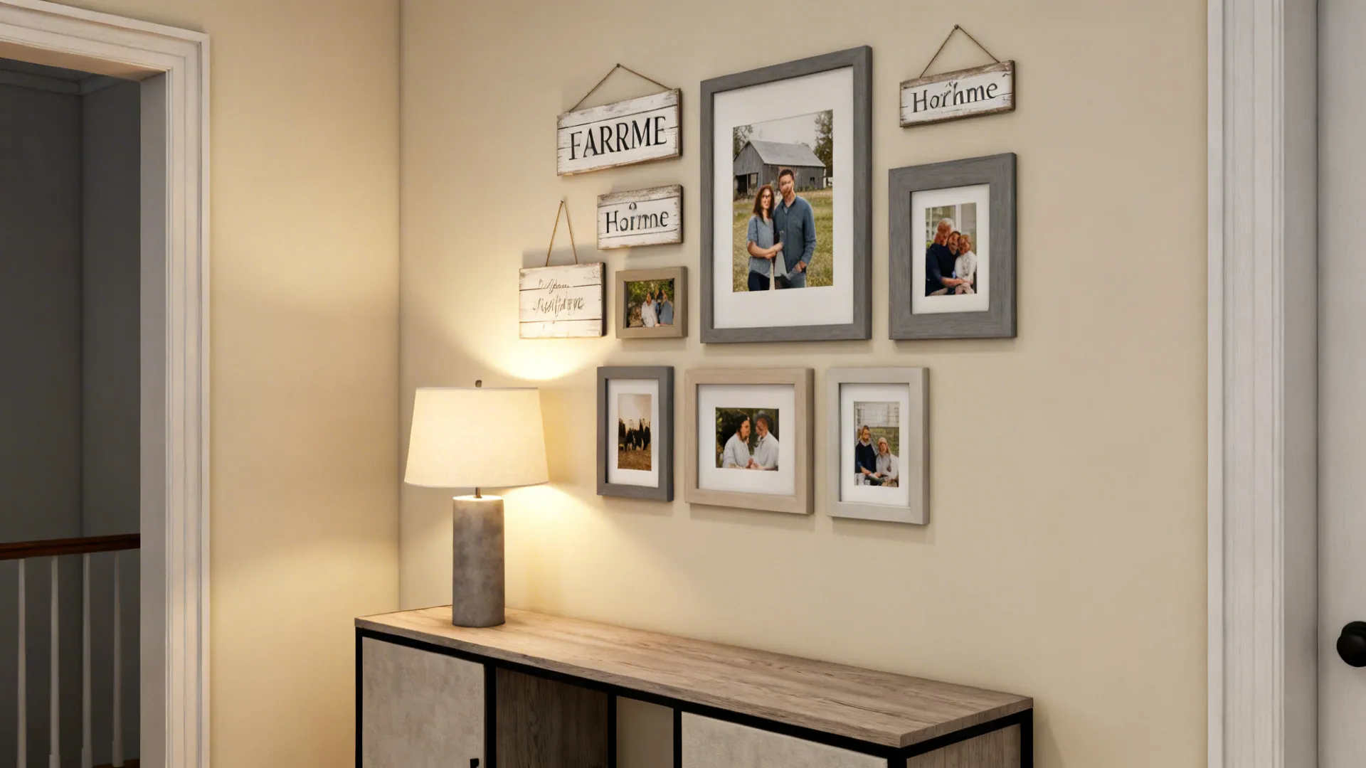 Gallery wall with several framed family photos and wooden signs above a cabinet with light