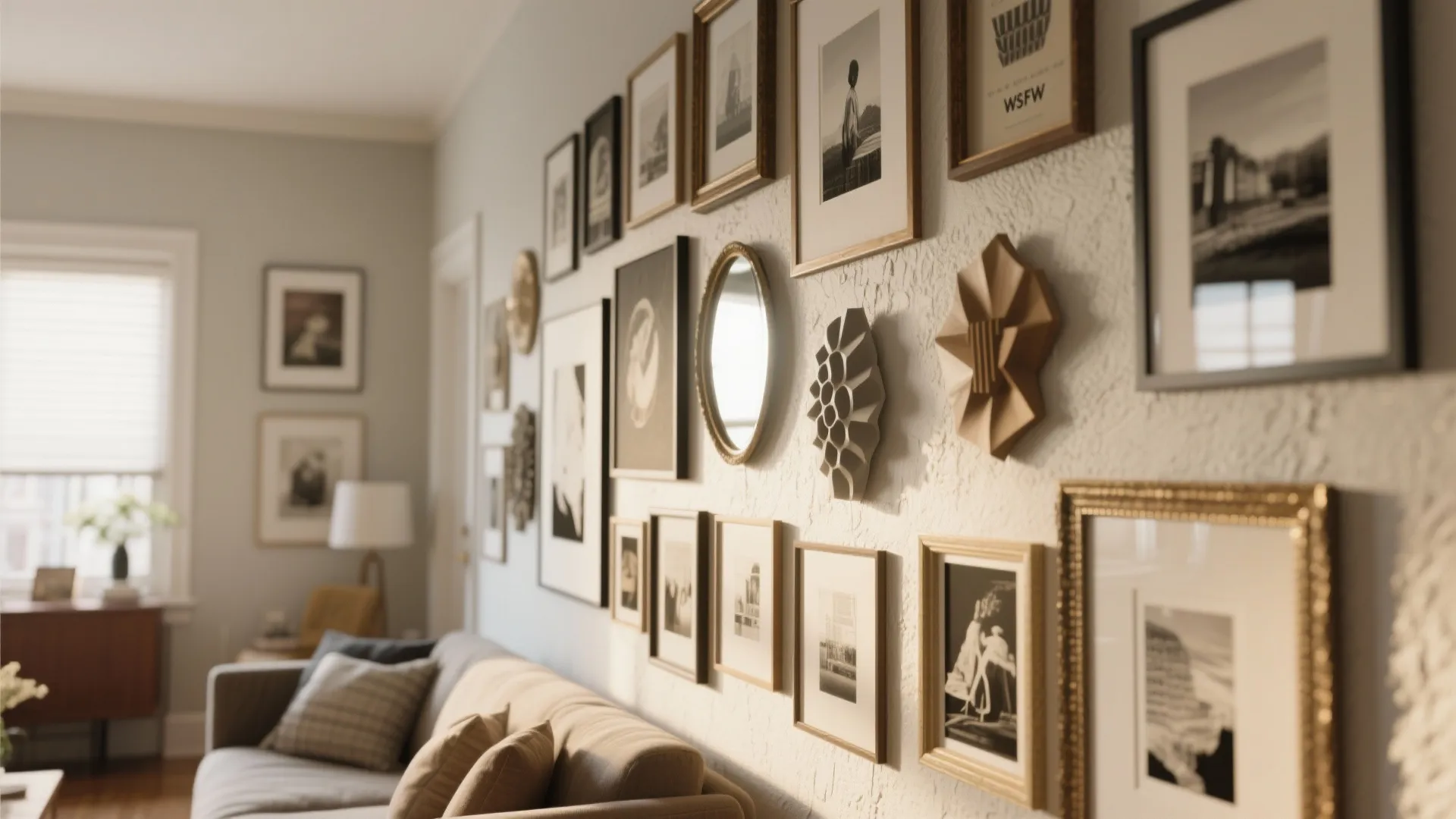 Living room with many framed pictures on the wall behind a grey sofa with several pillows