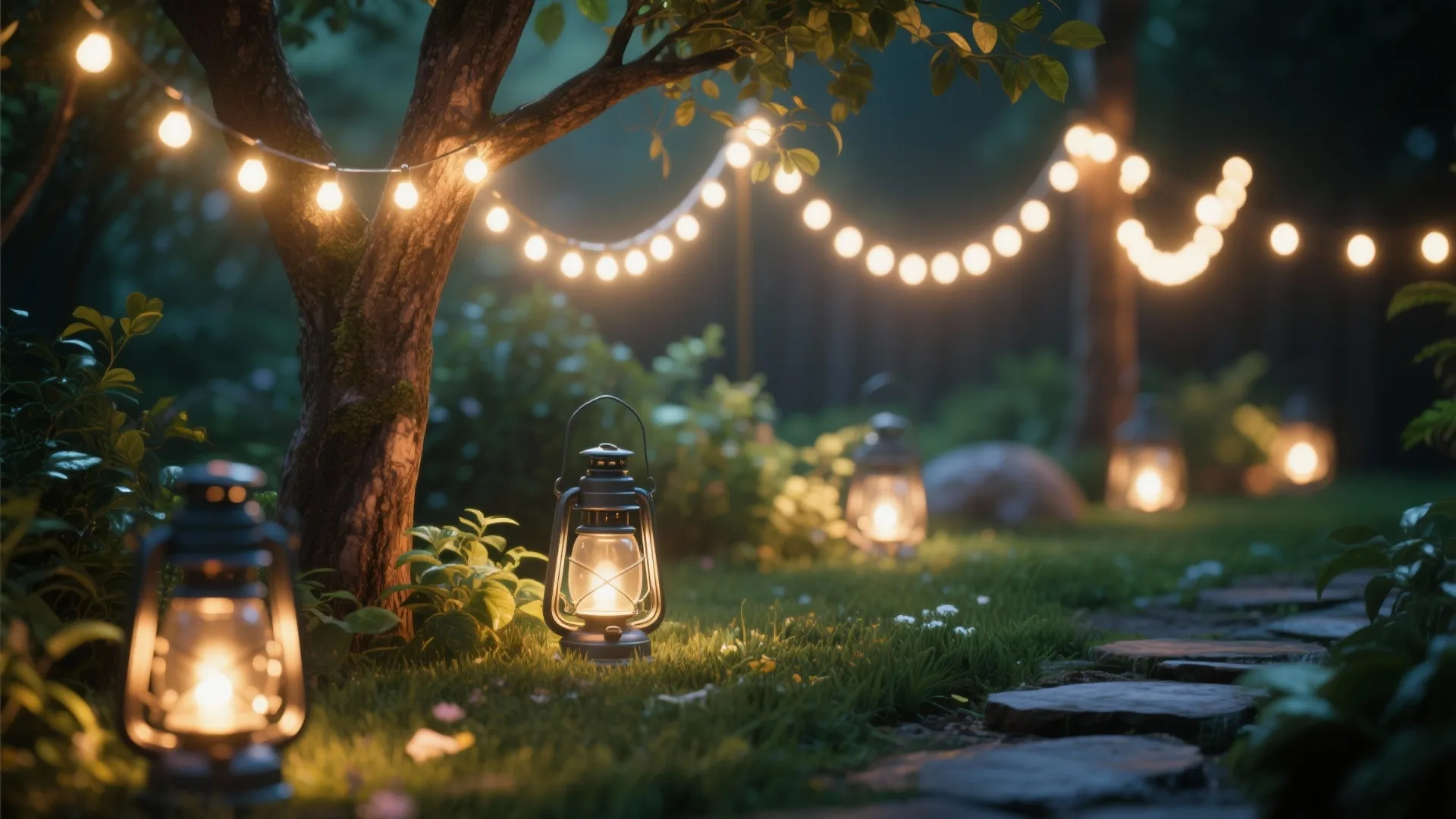 Cozy garden at night with hanging string lights and warm lanterns on a green lawn