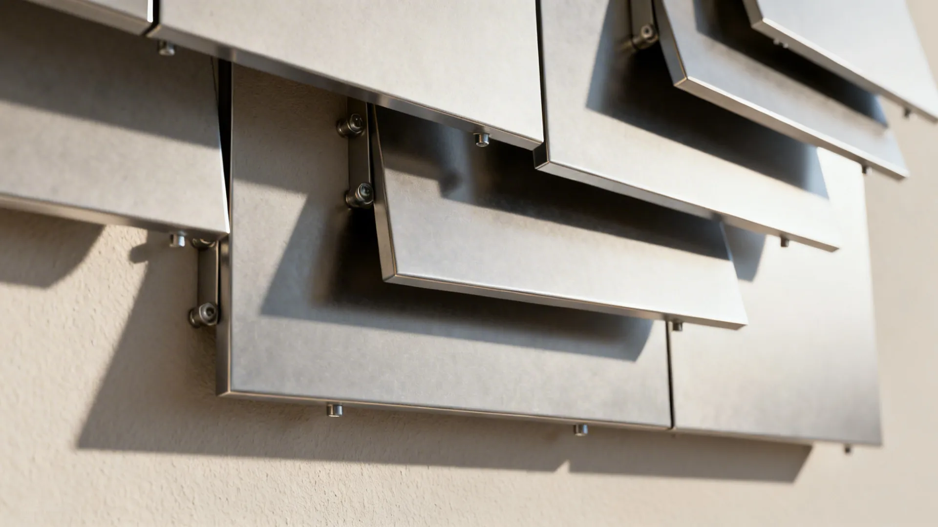 Close-up of staggered layered aluminum geometric panels casting changing shadows on a living room wall.
