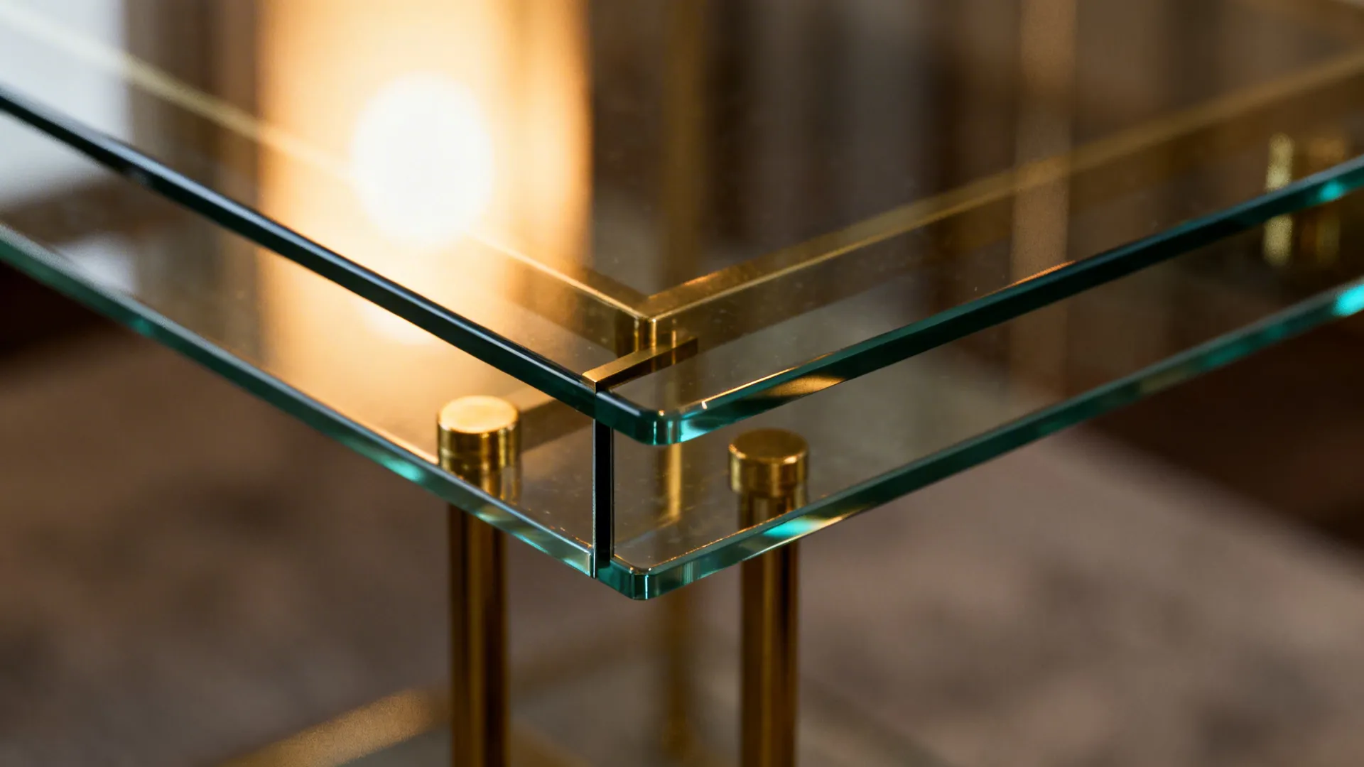 Close-up of a layered glass tabletop with a narrow gap and warm metal accents reflecting light.