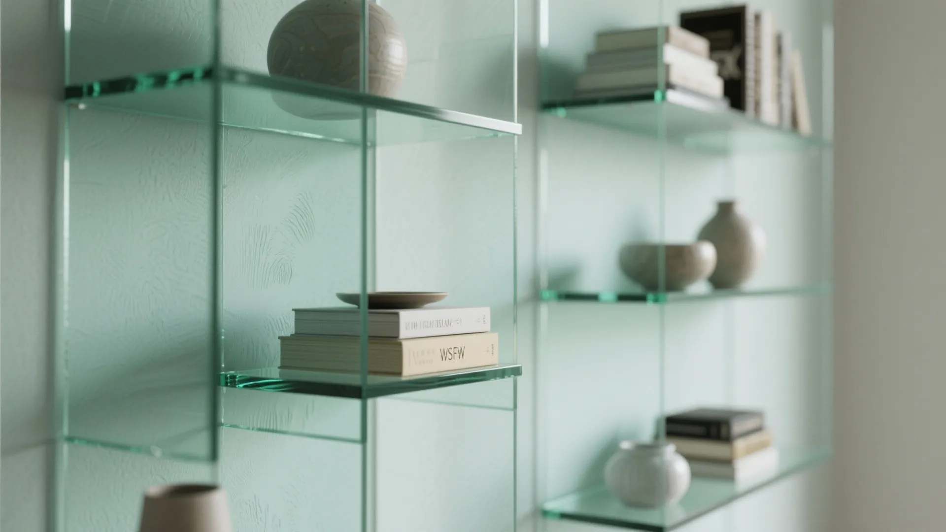 5. Layered Glass Panels with Floating Shelves