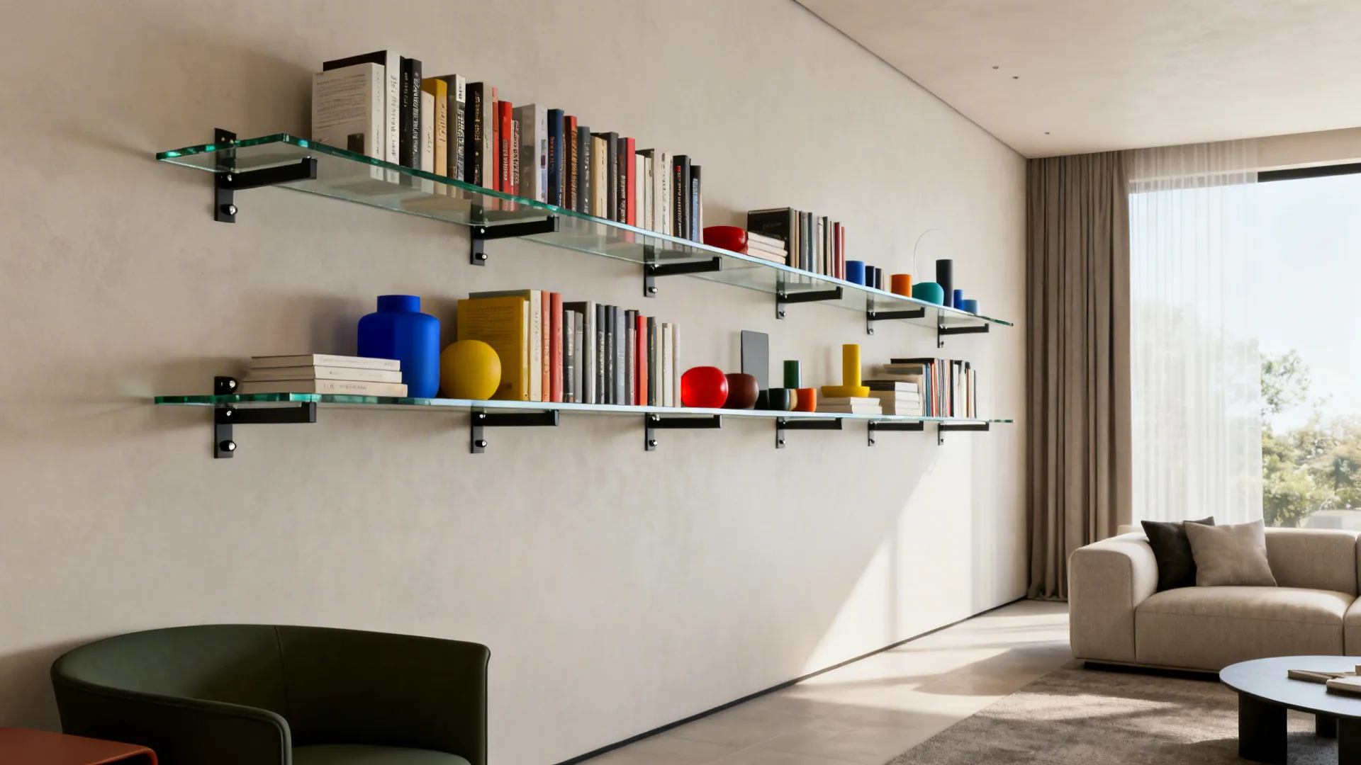 Two staggered glass shelves on a living room wall creating depth with curated objects
