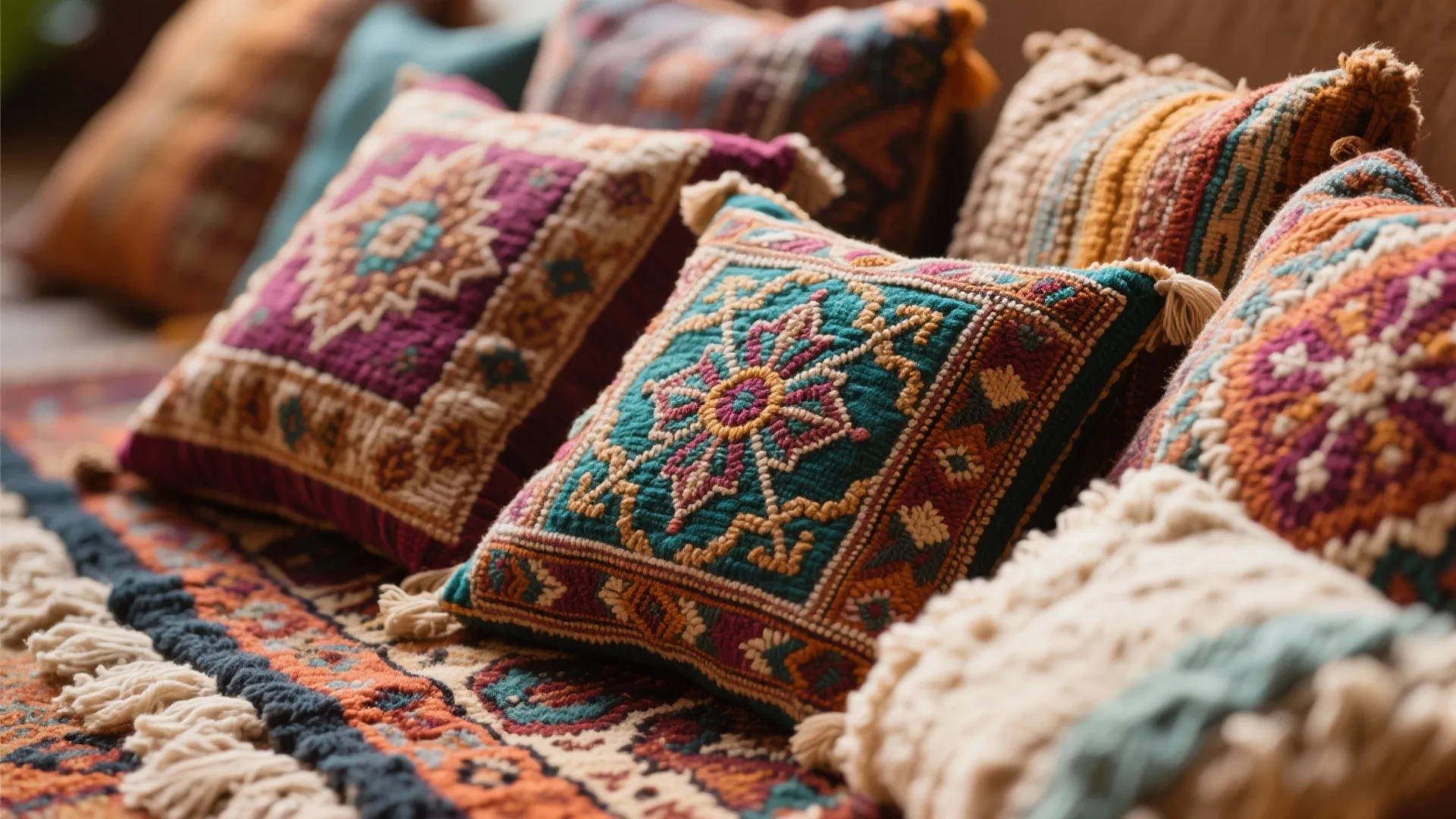 Layered Moroccan rug and embroidered cushions in rich colors
