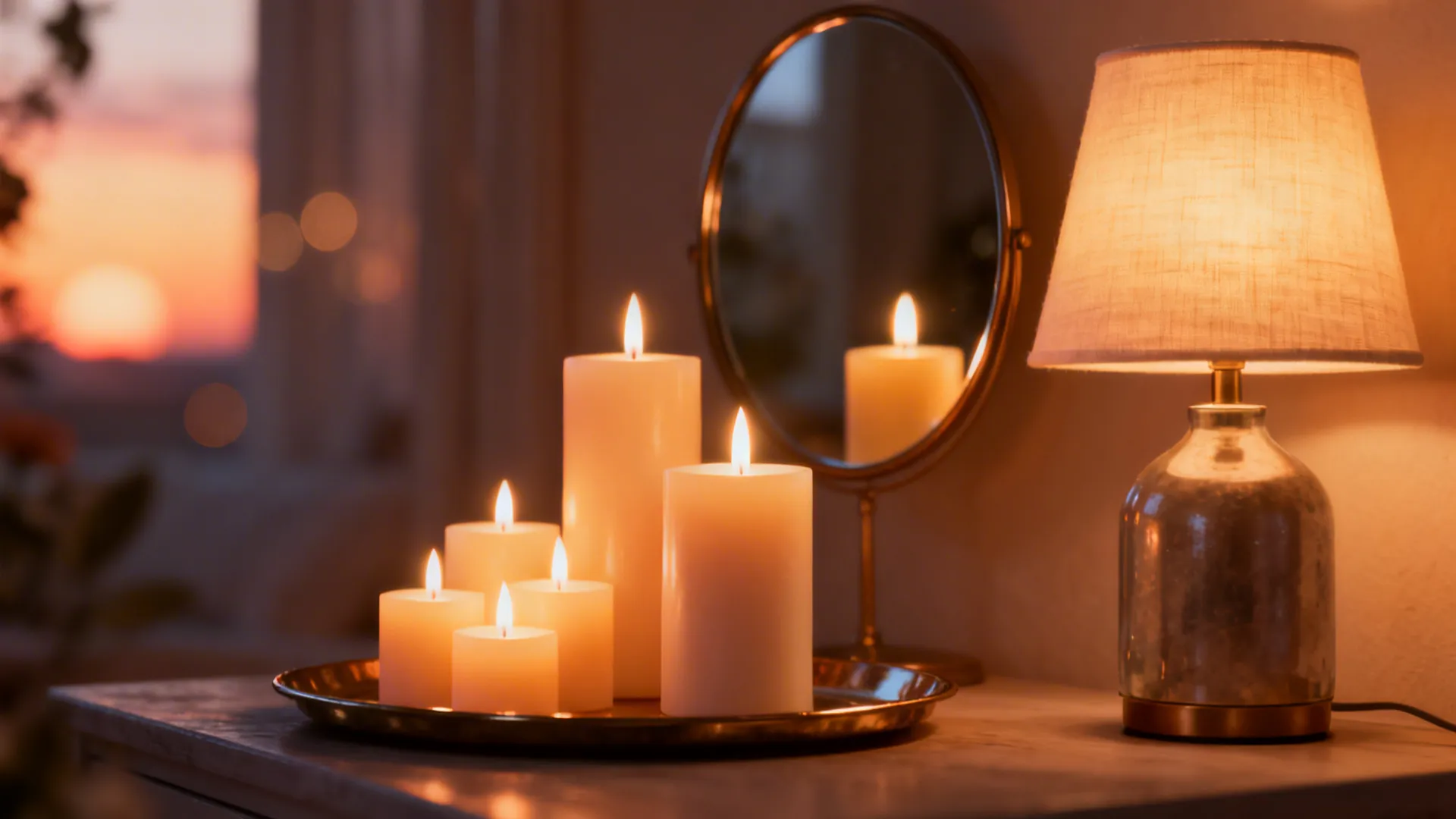 Macro view of LED candles and a warm table lamp reflecting in a mirror for intimate lighting.