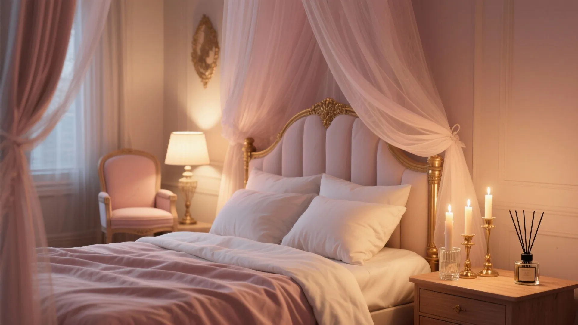 Elegant pink bedroom with golden headboard canopy bed candles side table and a small armchair