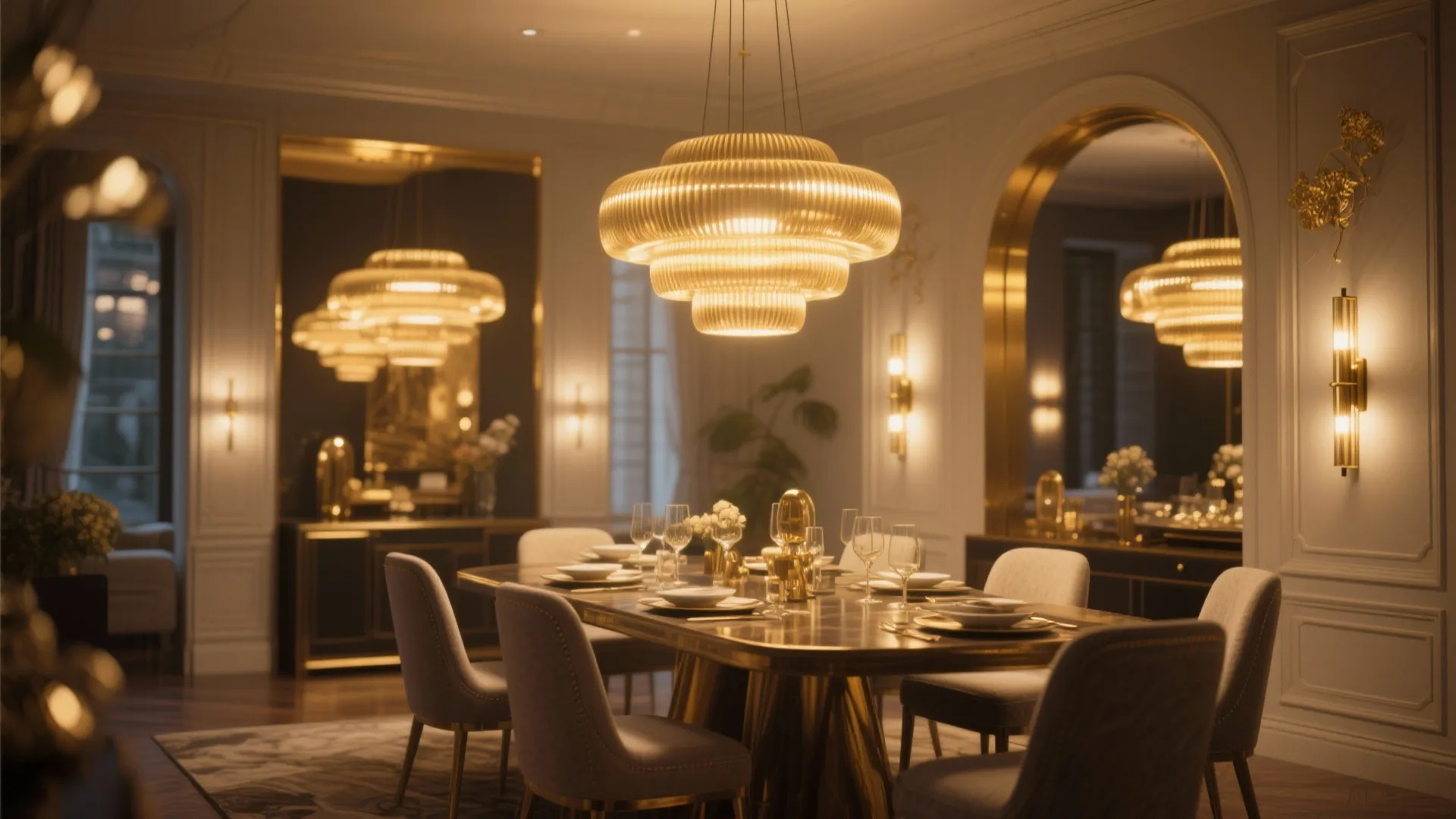 Elegant dining room featuring a large gold ceiling light above a long wooden dinner table