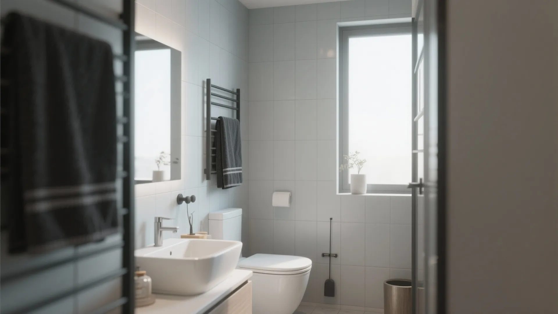 Modern minimal bathroom with white sink toilet grey wall tiles window and black towel rack details
