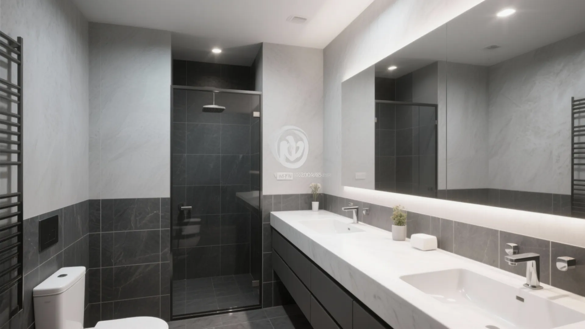 Modern grey bathroom featuring black walk-in shower white double sink vanity and large backlit mirror