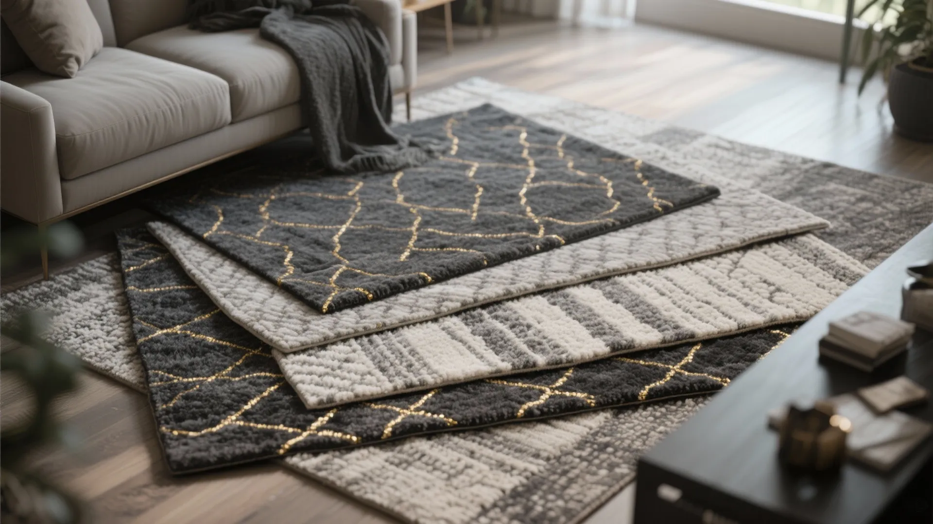 5. Layered Gray Rugs with Gold Thread