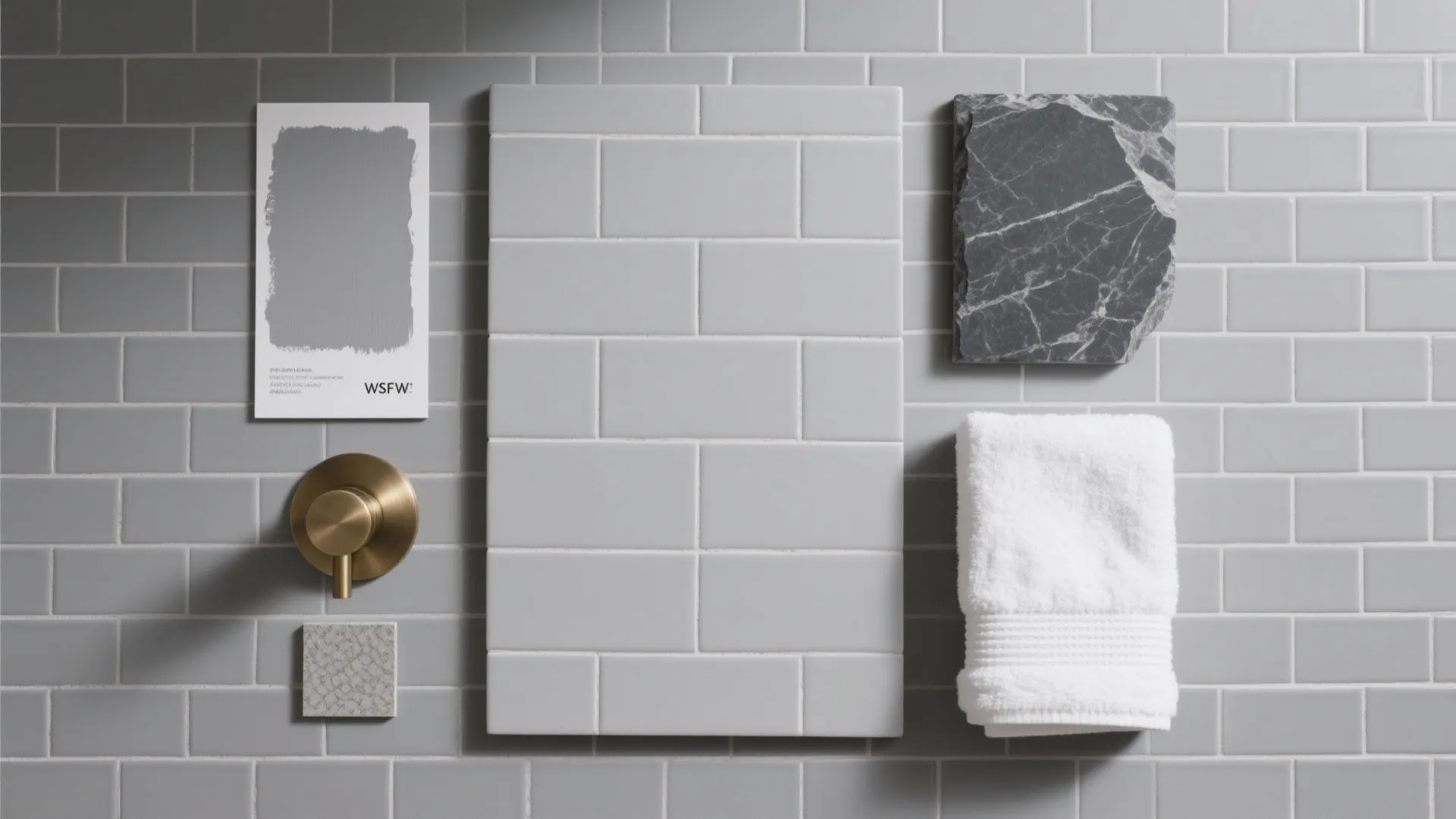 Flat lay of layered gray bathroom materials and textures