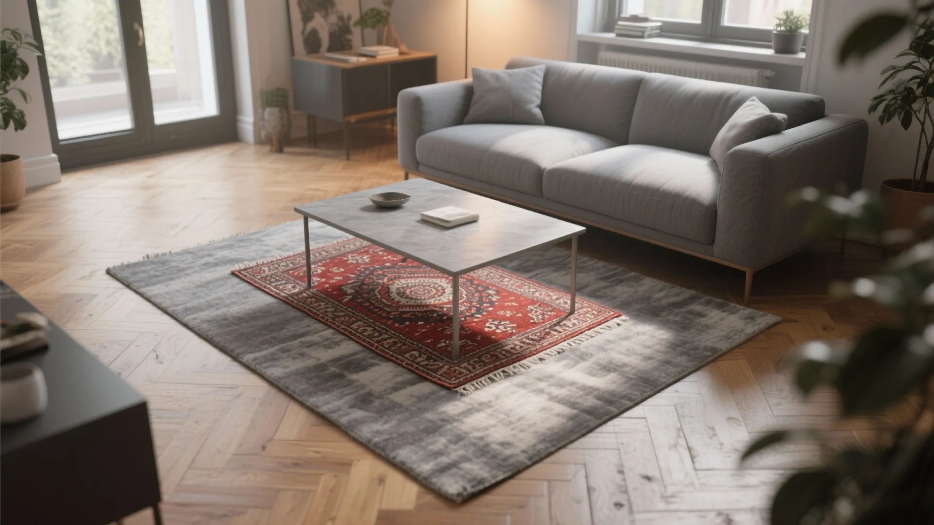 Interior design drawing of a gray sofa and layered rugs on a wooden parquet floor