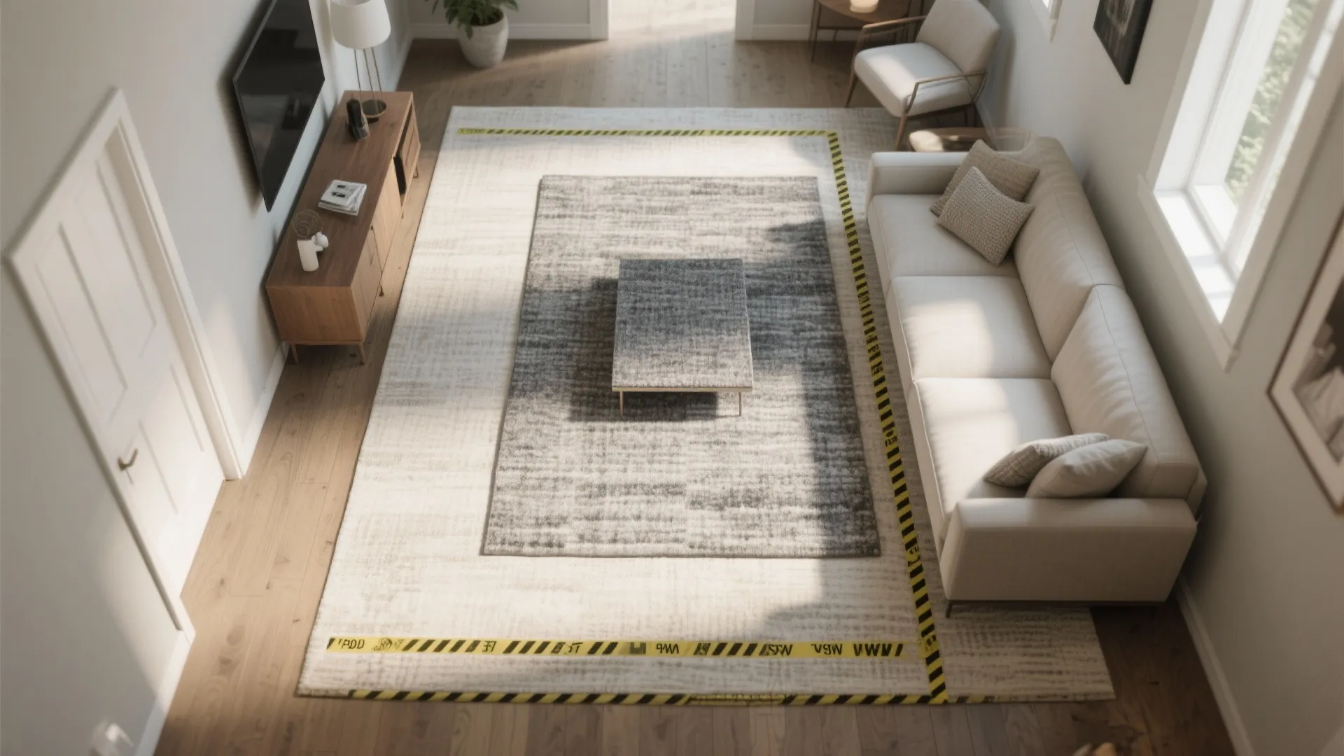 4. Gray rug layered with a neutral runner