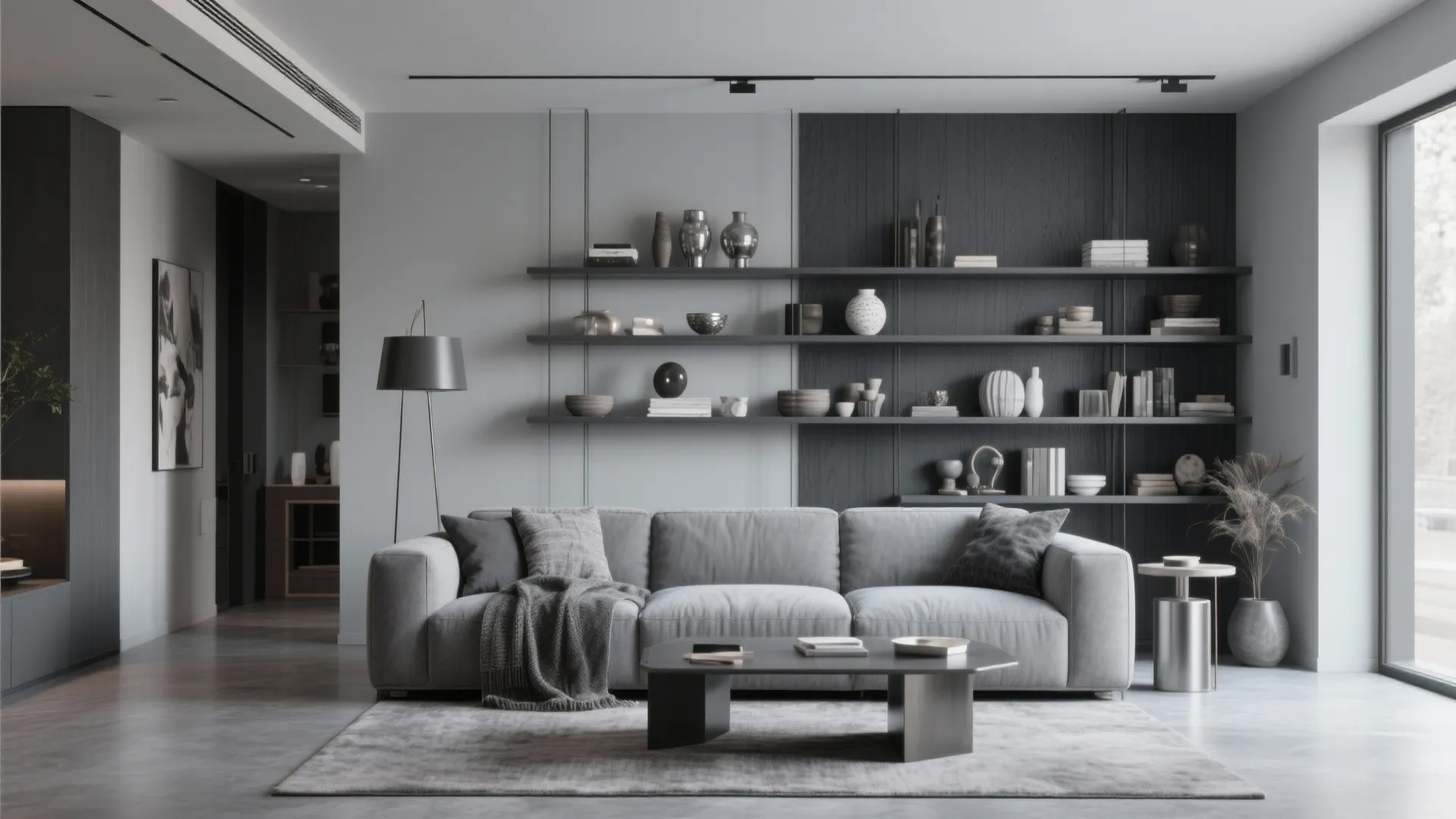Living room with layered shades of gray and mixed textures