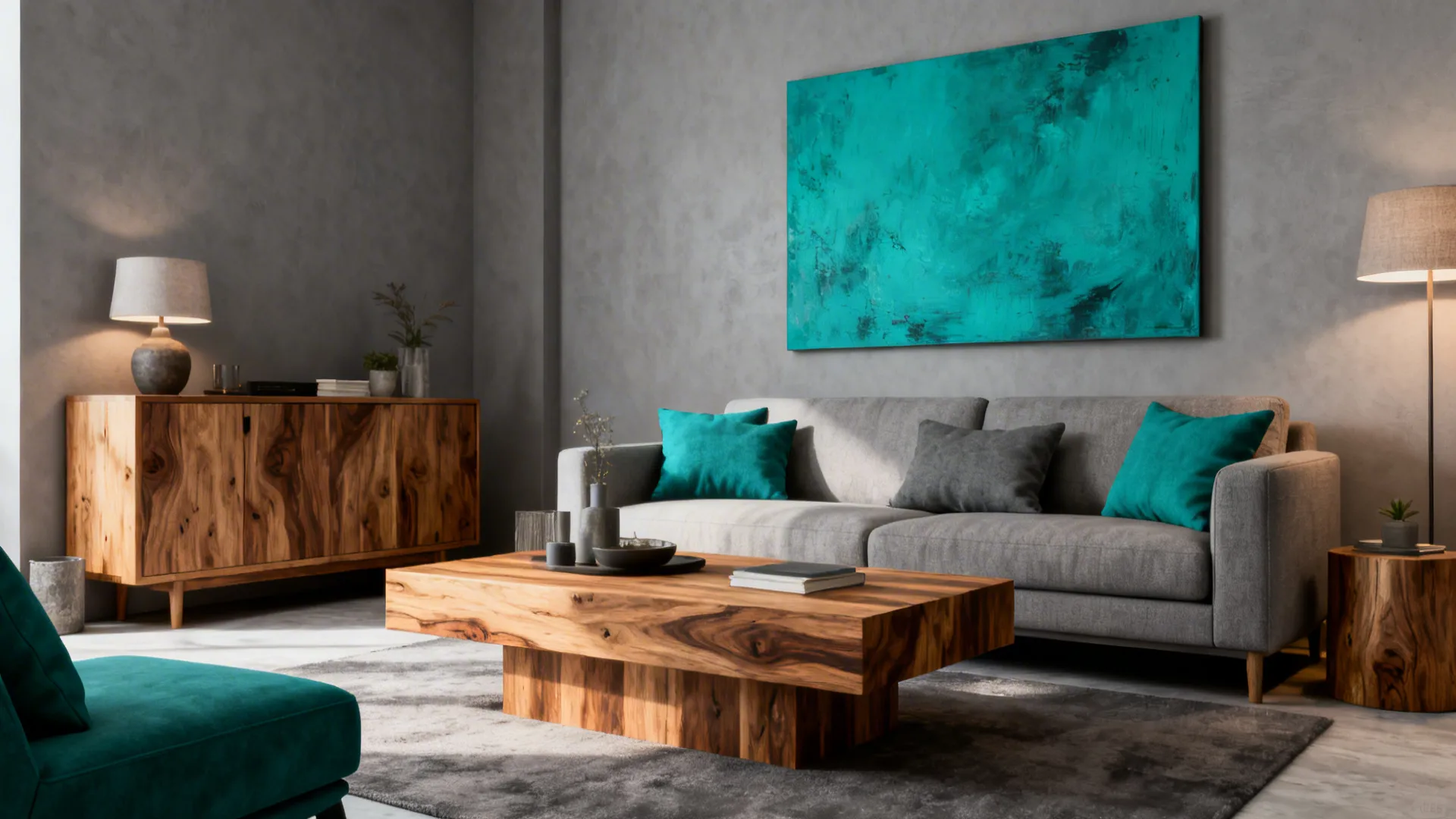 Layered gray living room with teal artwork and natural wood furniture for warmth