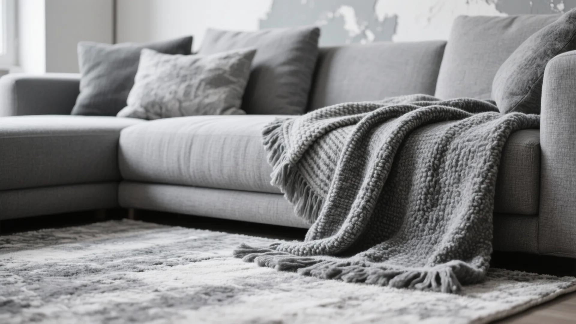 Layered gray fabrics and finishes in a monochrome living room