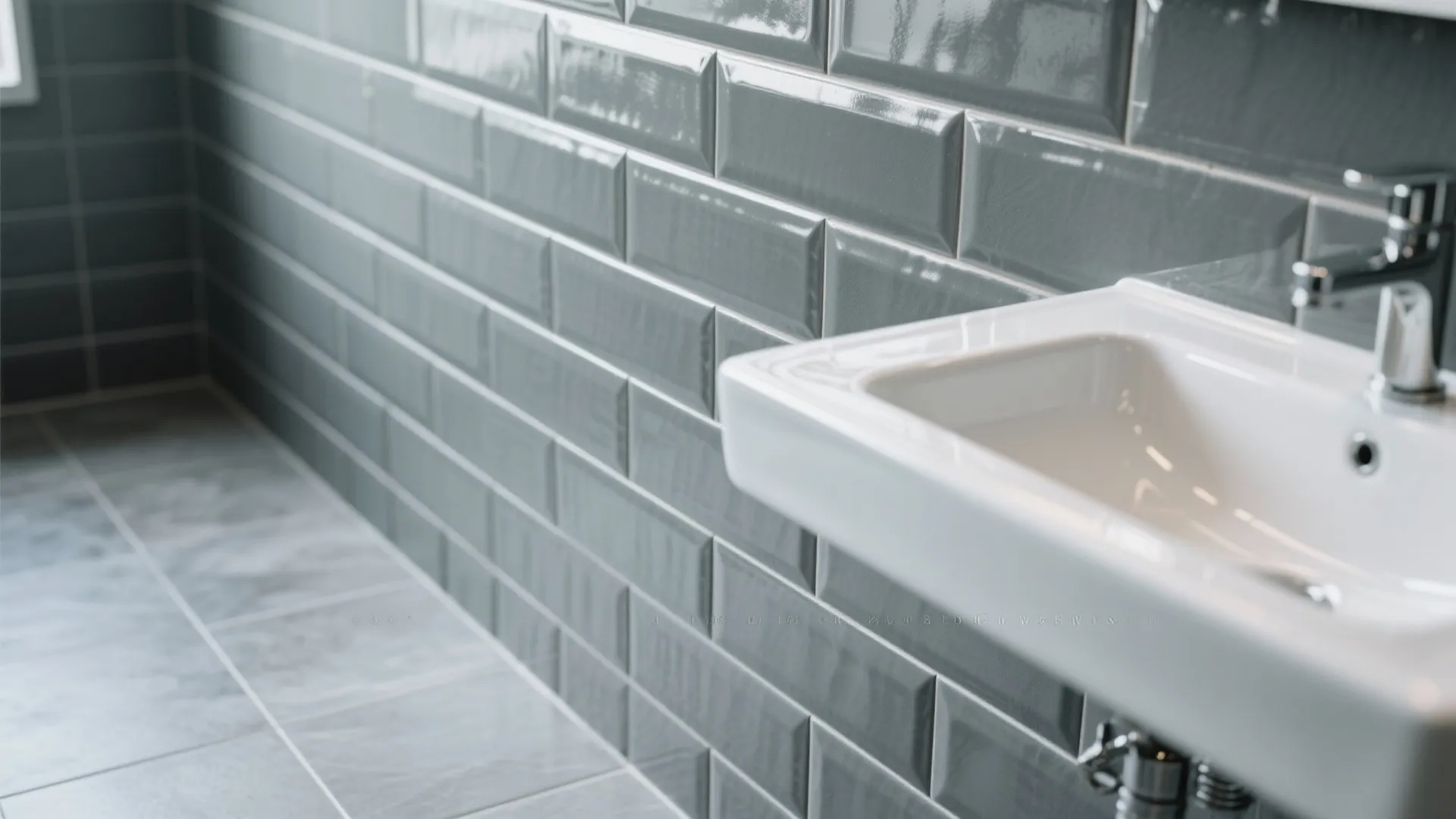 Close up of a white bathroom sink with chrome faucet against gray glossy wall tiles