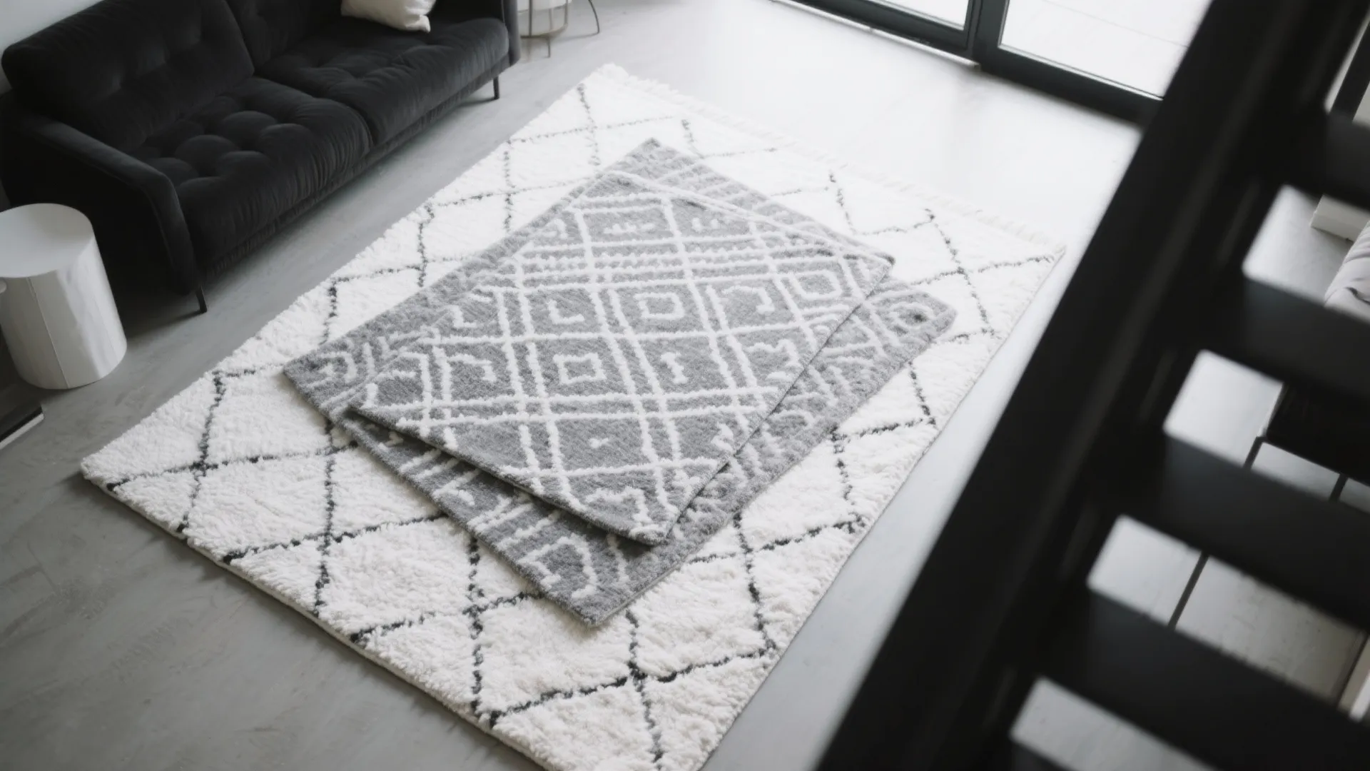 Top view of layered gray and white patterned rugs on floor next to a black sofa