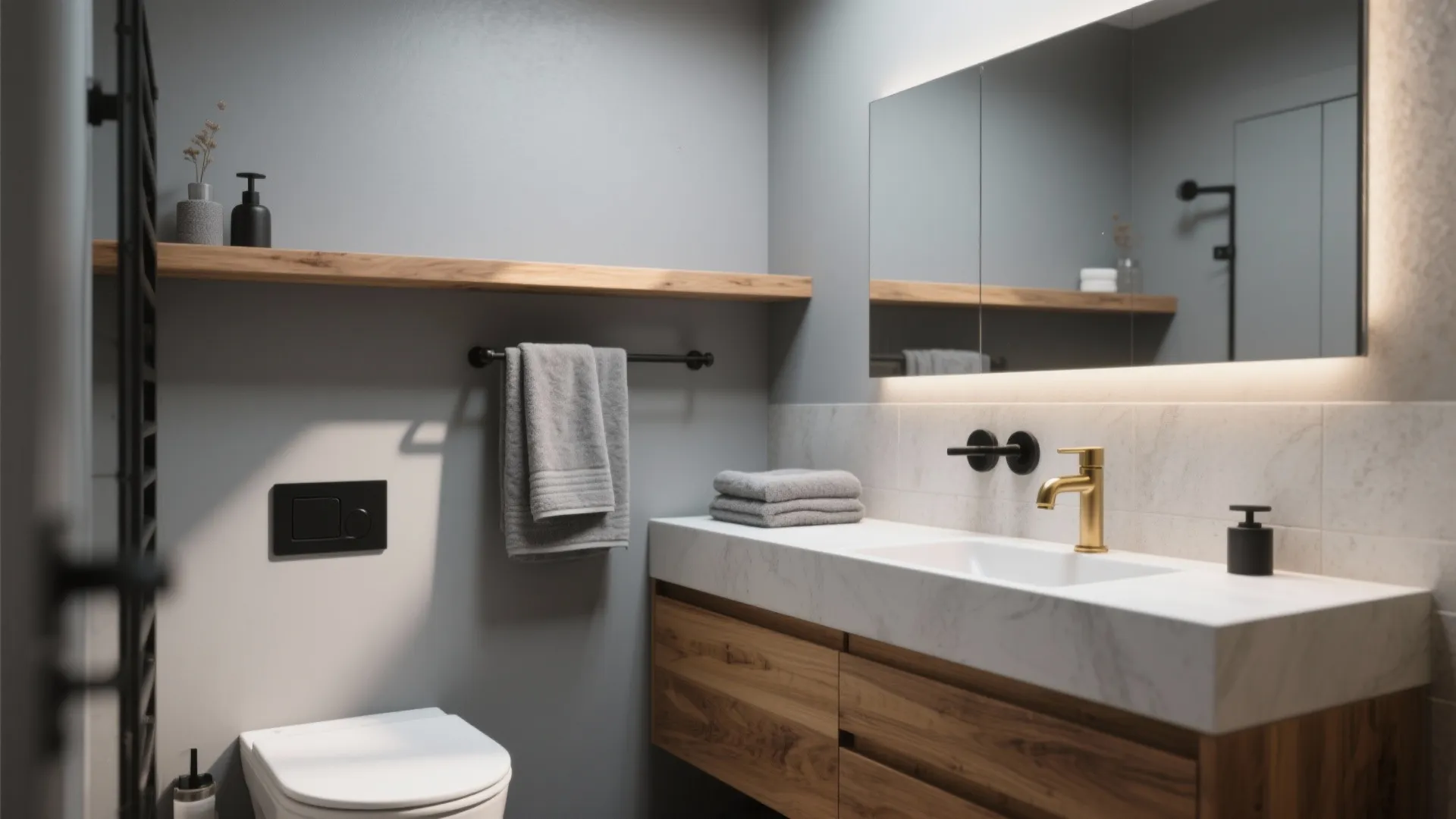 1. Layered Grays with Warm Wood Accents