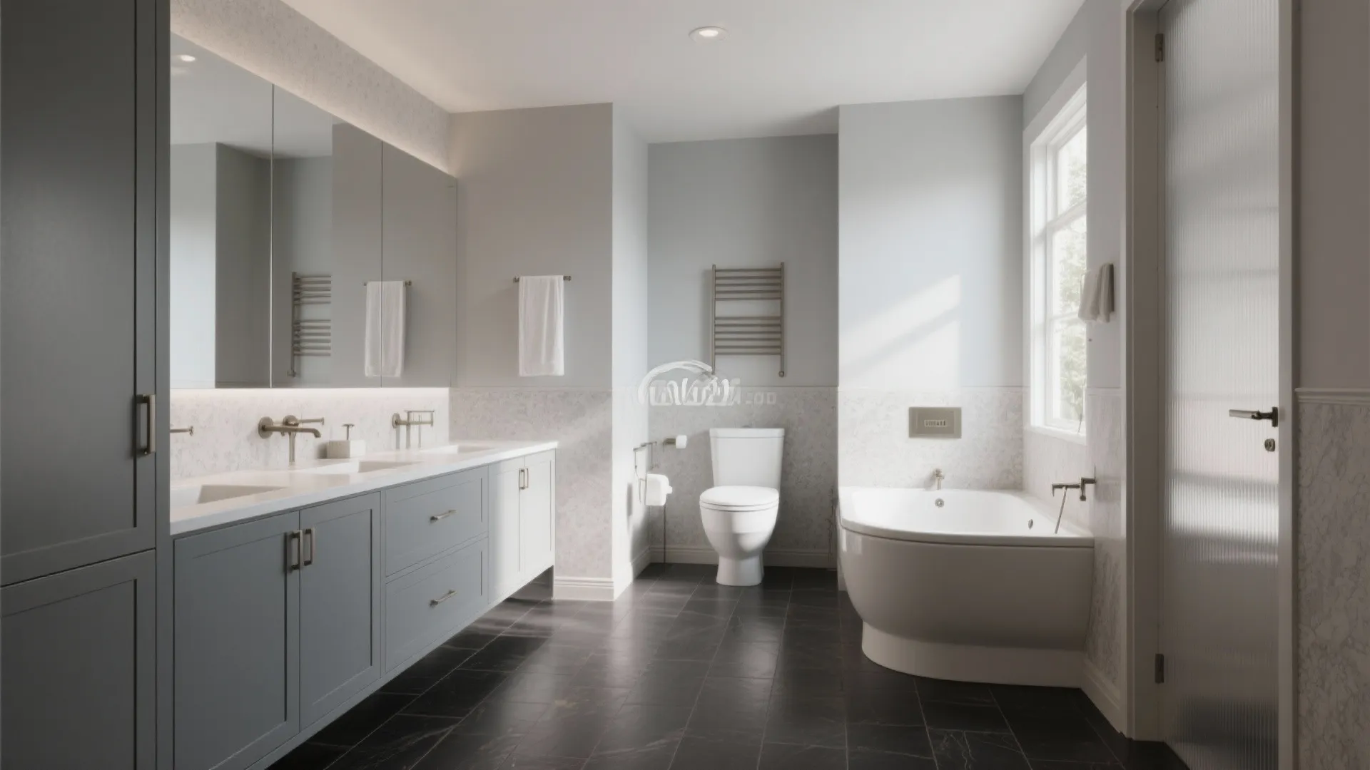 Modern bathroom featuring gray cabinets double sinks large mirrors white toilet and a white soaking bathtub