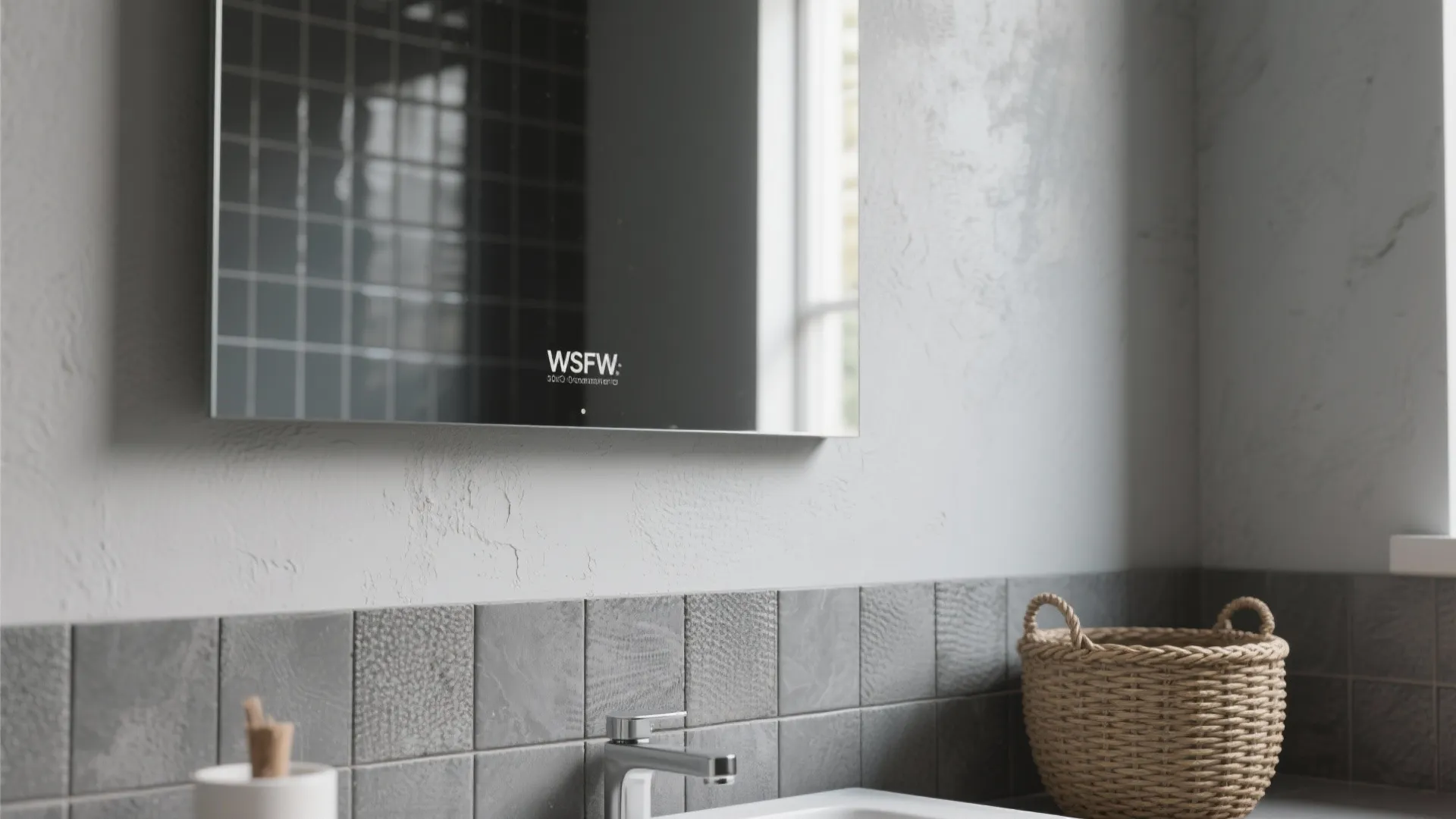 Grey bathroom wall with square tiles smart mirror water tap and small woven storage basket decoration