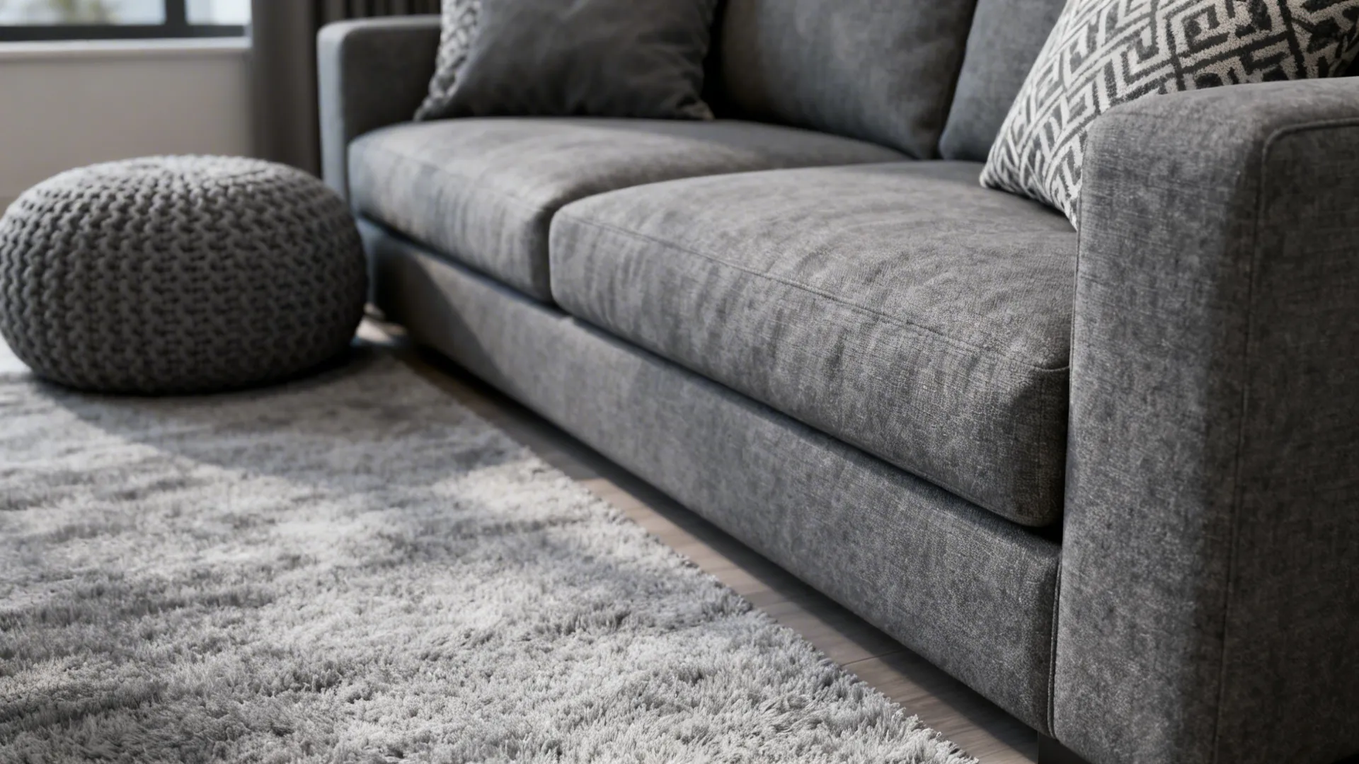 Close-up of layered gray textiles: sofa, rug, pouf and patterned cushions